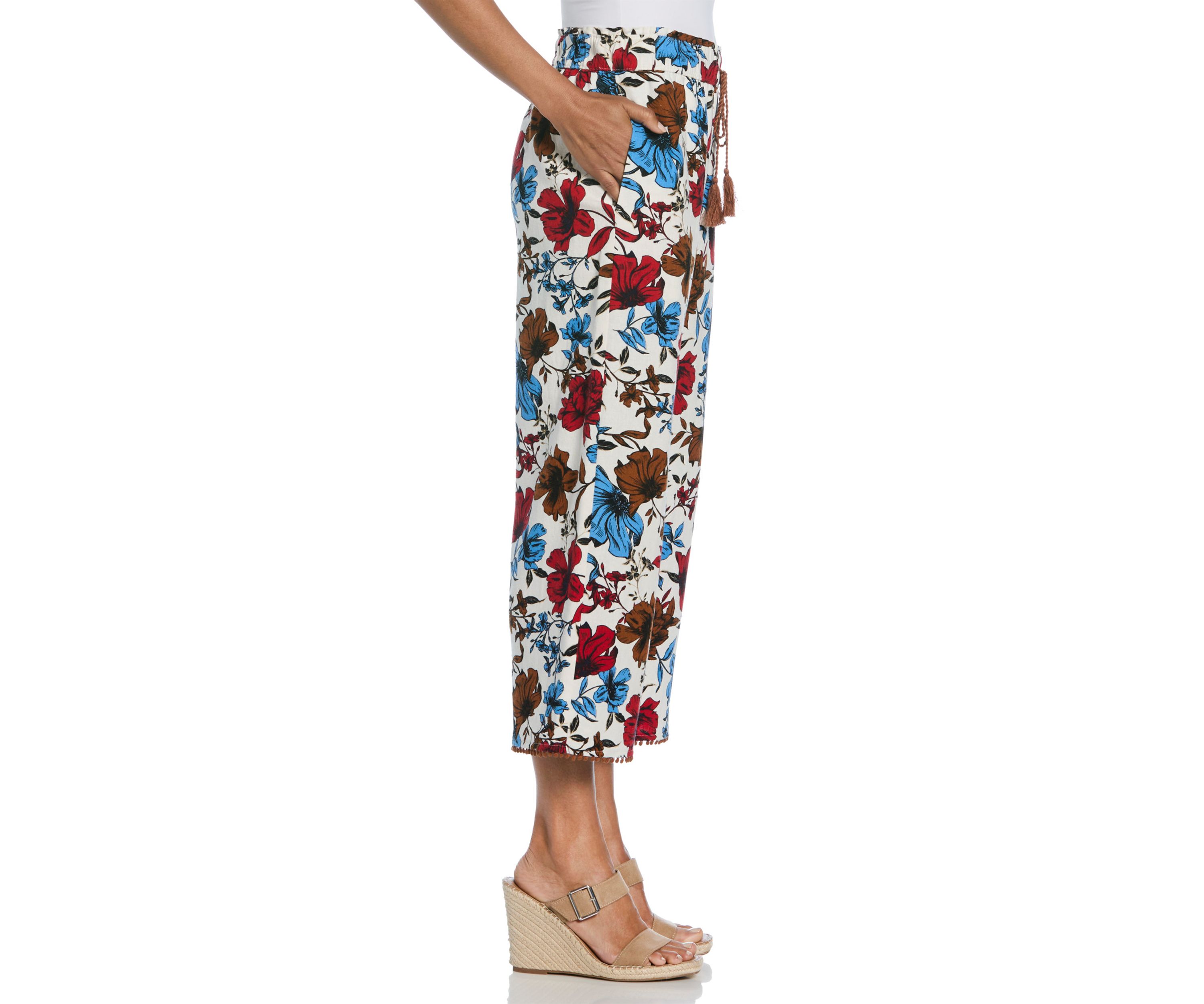 Womens Linen Blend Floral Print Bobble Hem Crop Pants