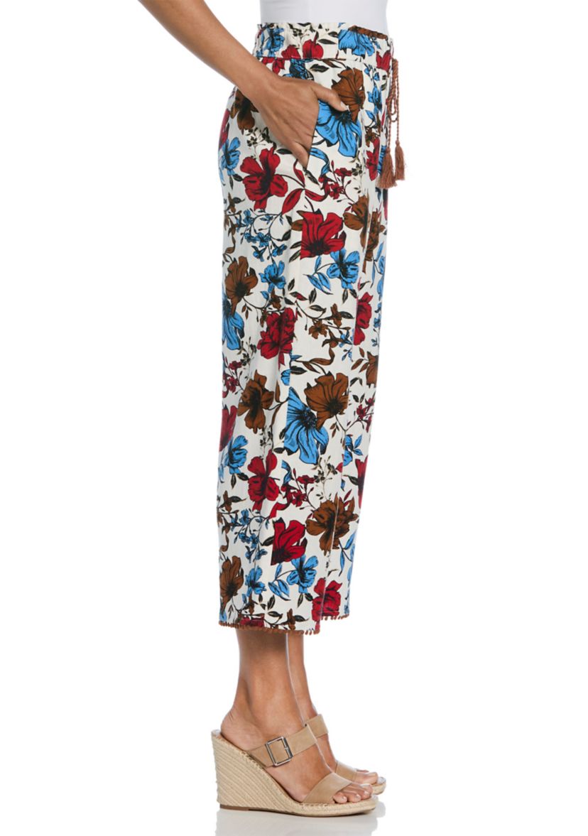 Womens Linen Blend Floral Print Bobble Hem Crop Pants