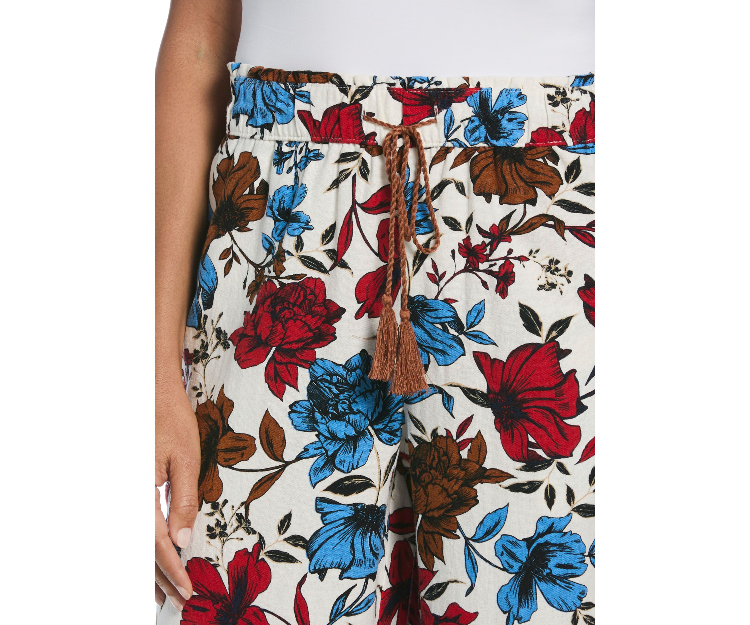 Womens Linen Blend Floral Print Bobble Hem Crop Pants
