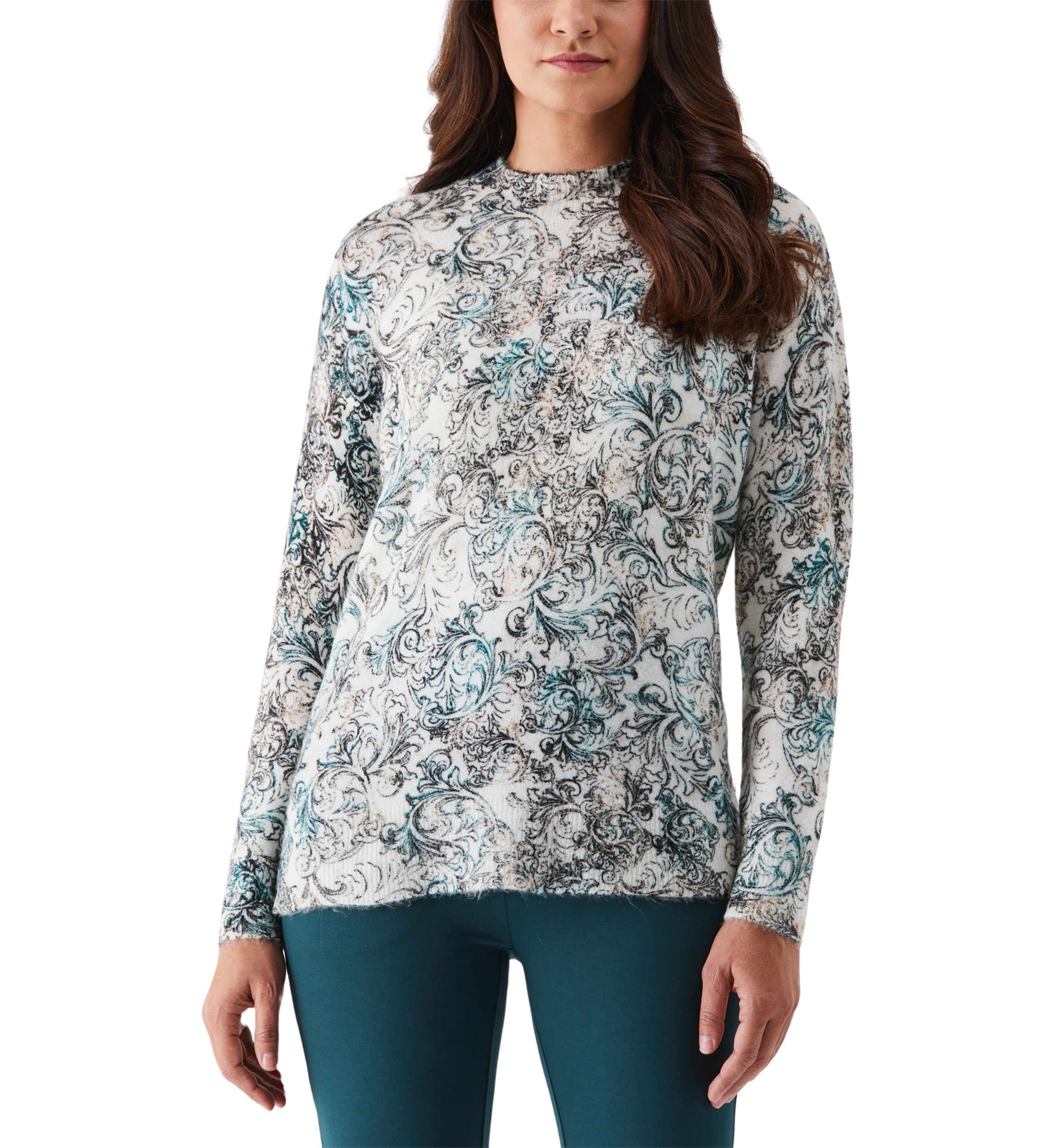 Acanthus Scrolls Print Mock-Neck Long Sleeve Pullover Sweater