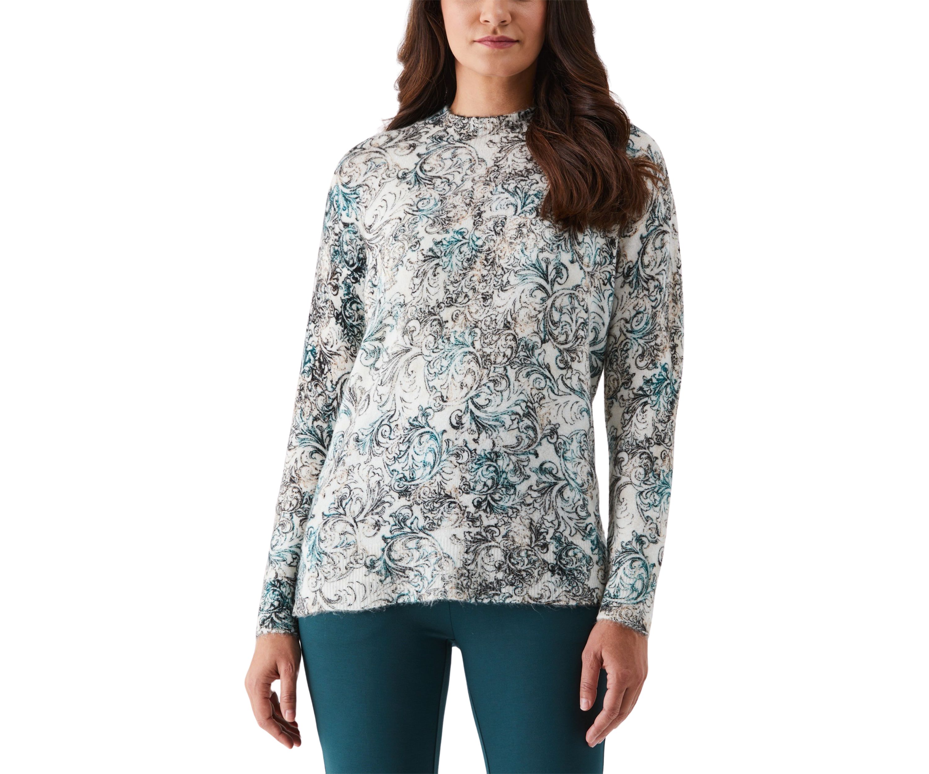 Acanthus Scrolls Print Mock-Neck Long Sleeve Pullover Sweater