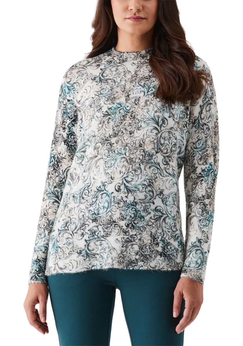 Acanthus Scrolls Print Mock-Neck Long Sleeve Pullover Sweater