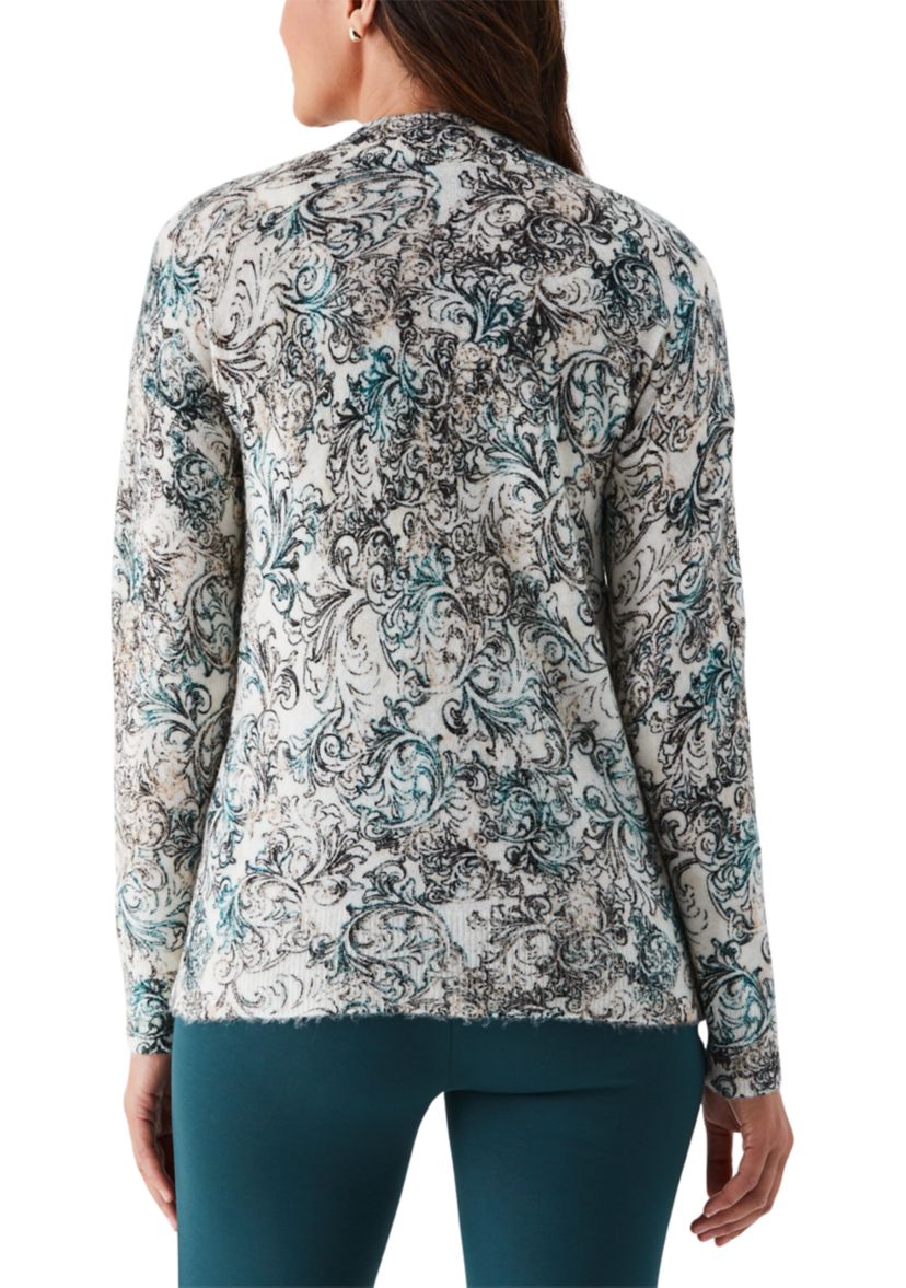 Acanthus Scrolls Print Mock-Neck Long Sleeve Pullover Sweater