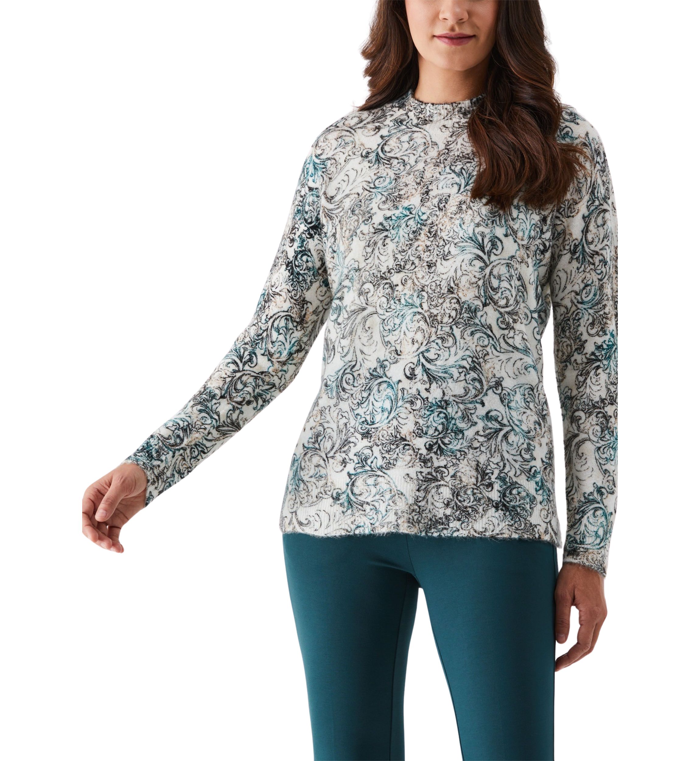 Acanthus Scrolls Print Mock-Neck Long Sleeve Pullover Sweater
