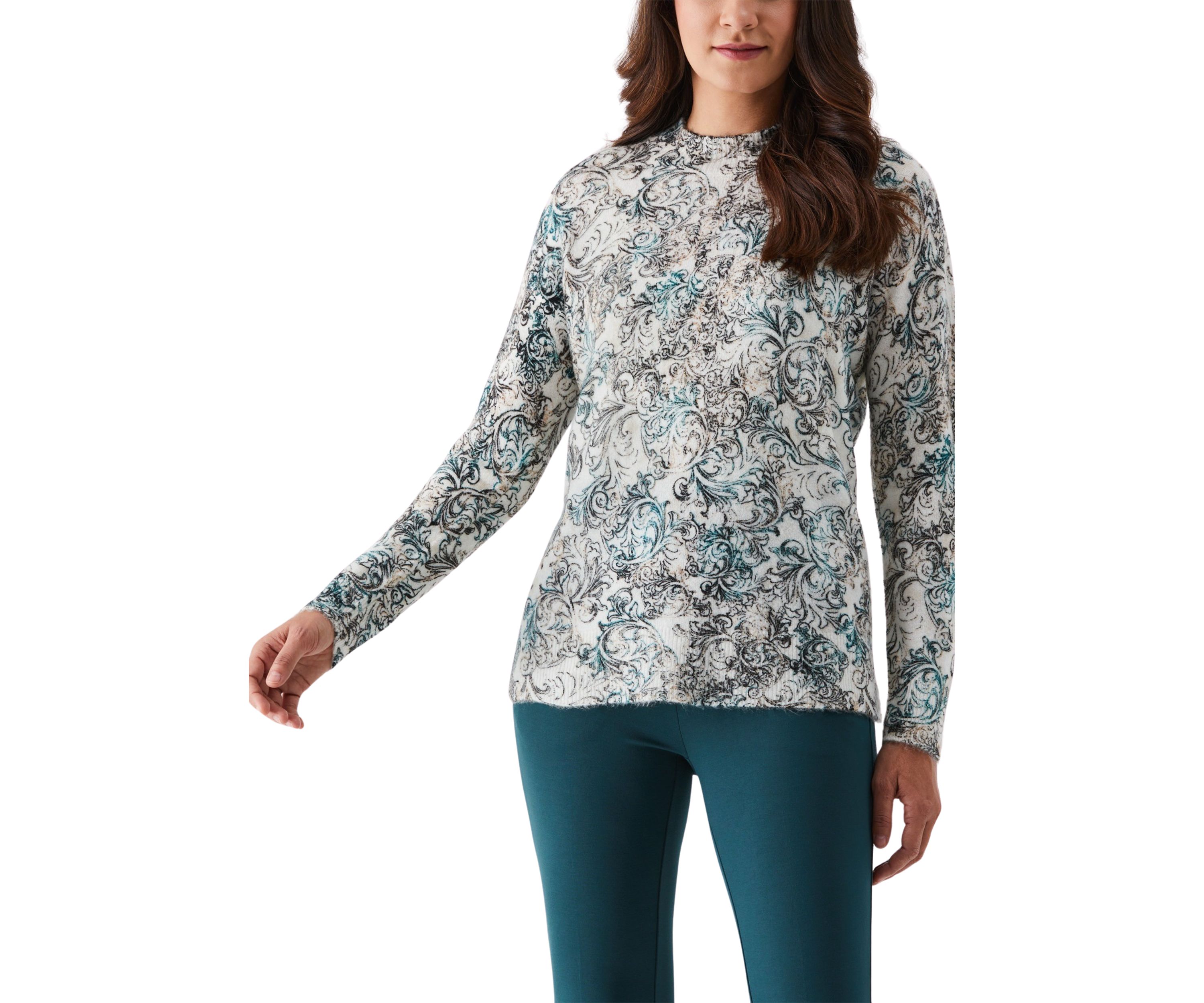 Acanthus Scrolls Print Mock-Neck Long Sleeve Pullover Sweater