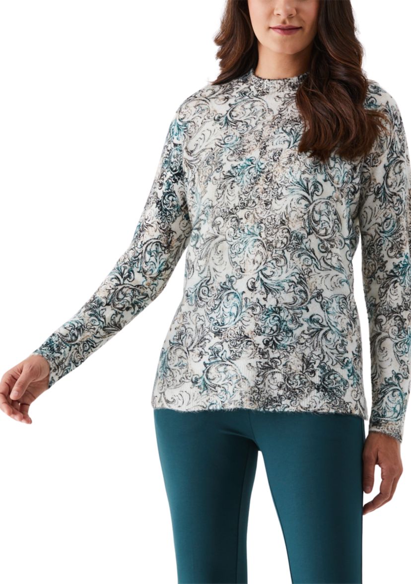 Acanthus Scrolls Print Mock-Neck Long Sleeve Pullover Sweater