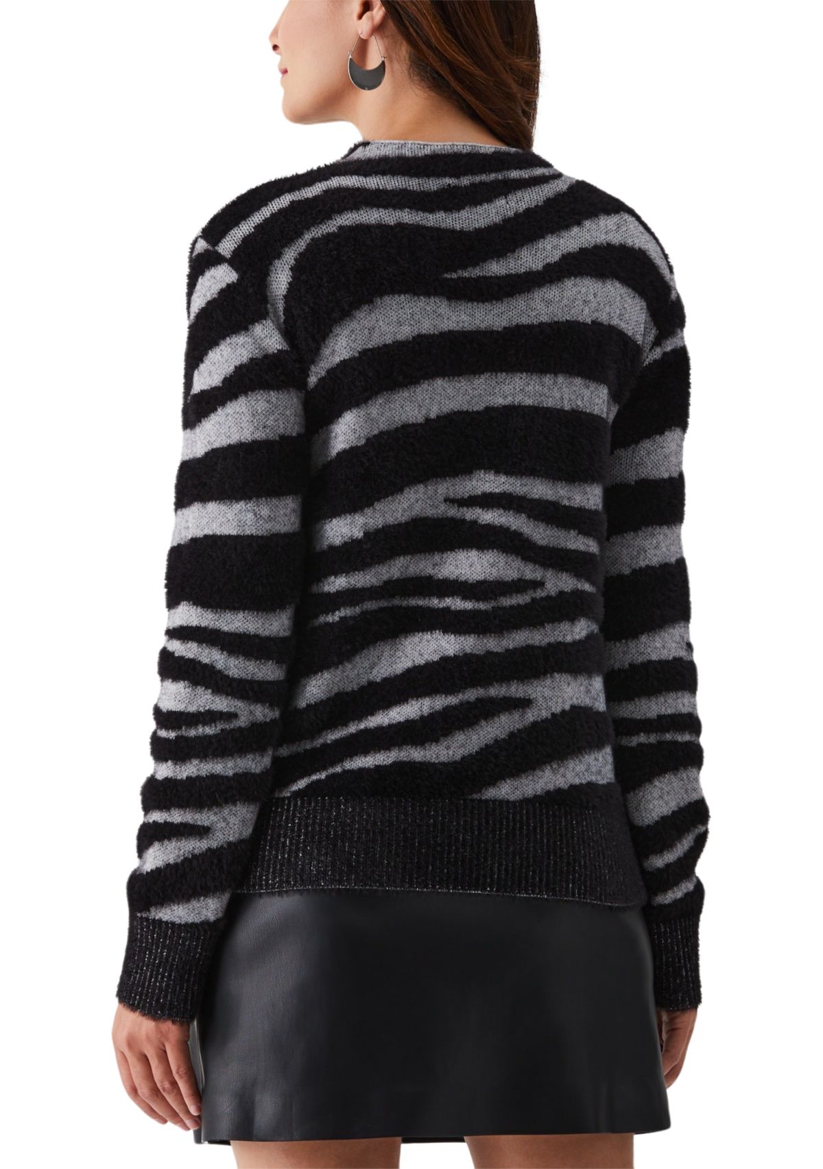 Zebra Print Faux Hair Mock Neck Long Sleeve Sweater