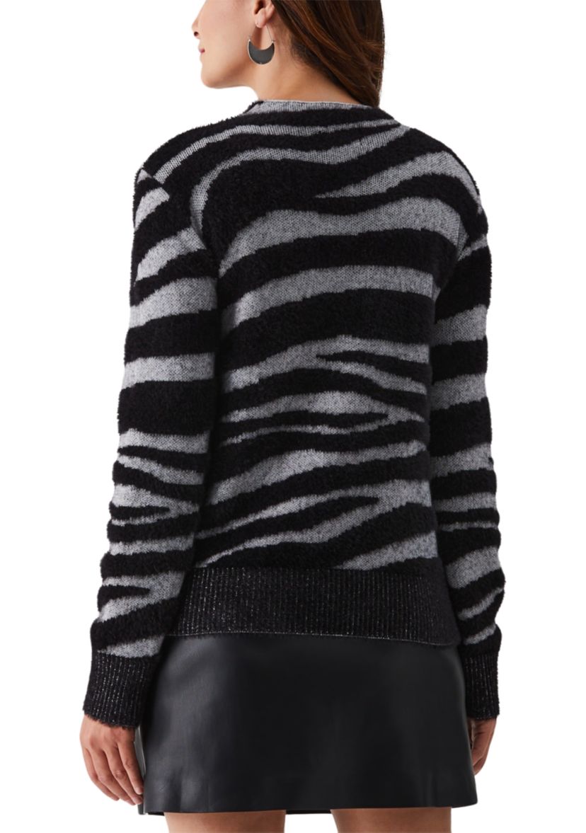 Zebra Print Faux Hair Mock Neck Long Sleeve Sweater