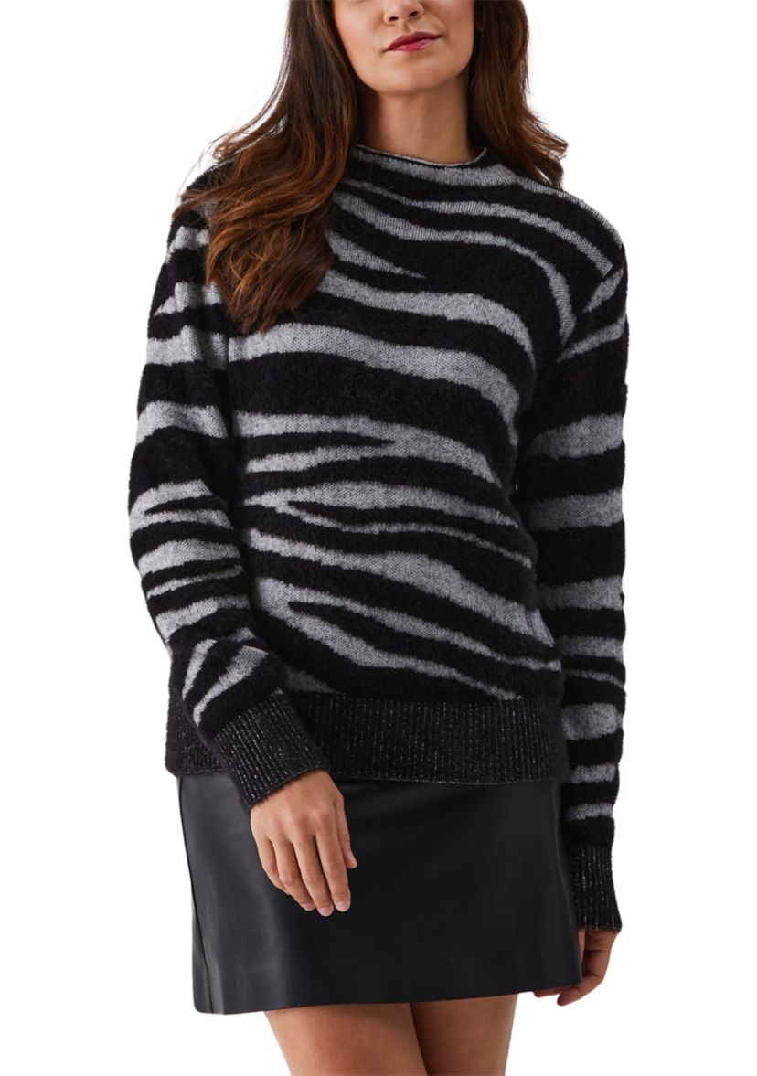 Zebra Print Faux Hair Mock Neck Long Sleeve Sweater