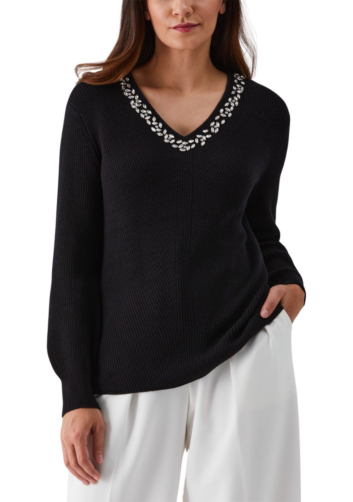 Embellished V-Neck Long Sleeve Sweater