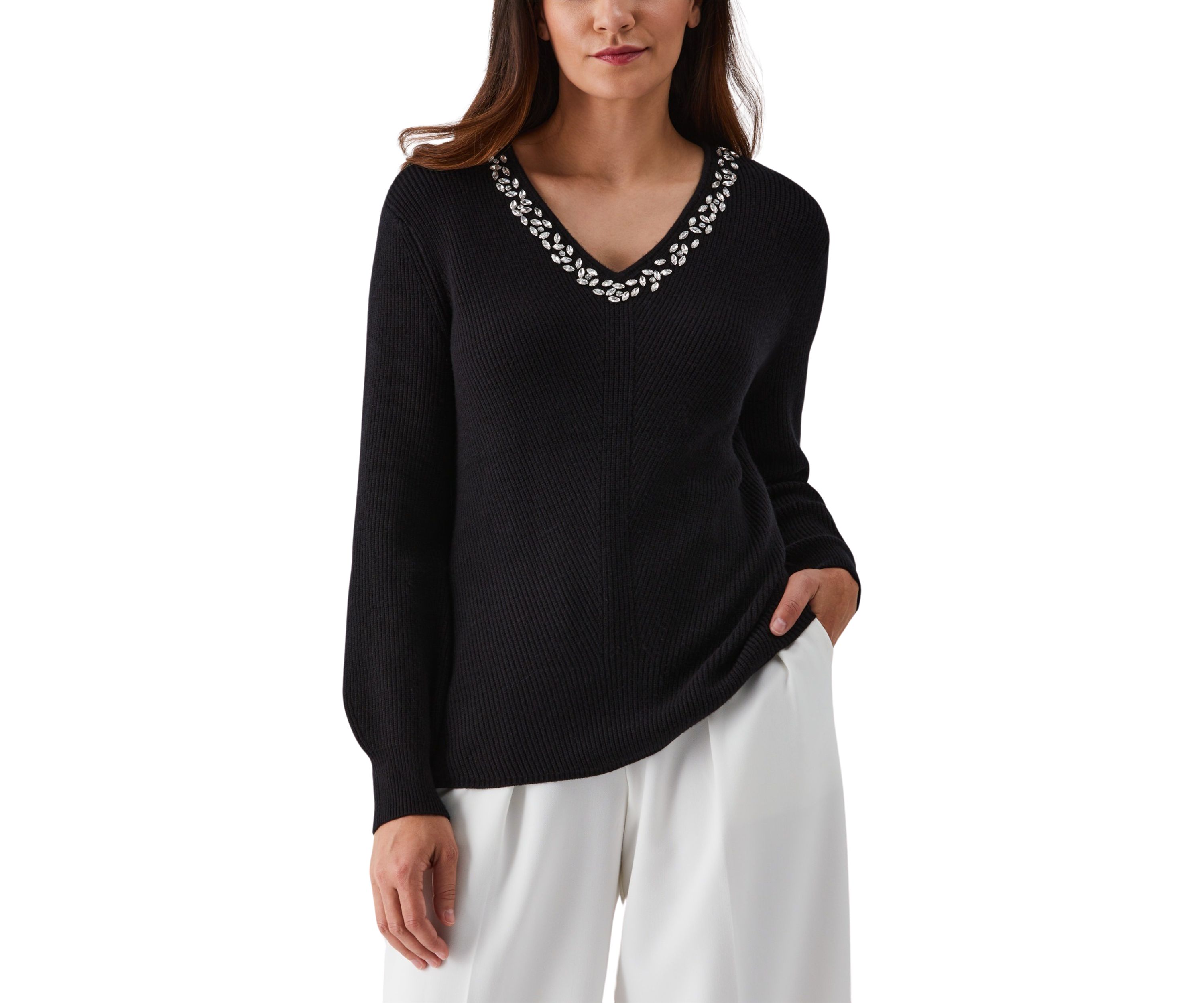 Embellished V-Neck Long Sleeve Sweater