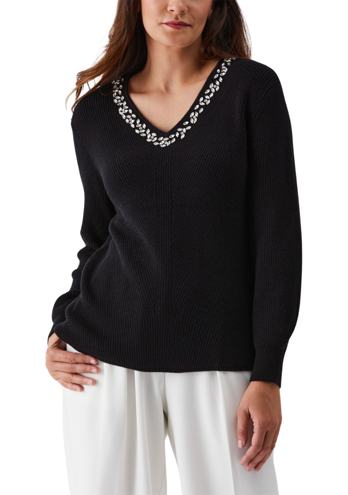 Embellished V-Neck Long Sleeve Sweater