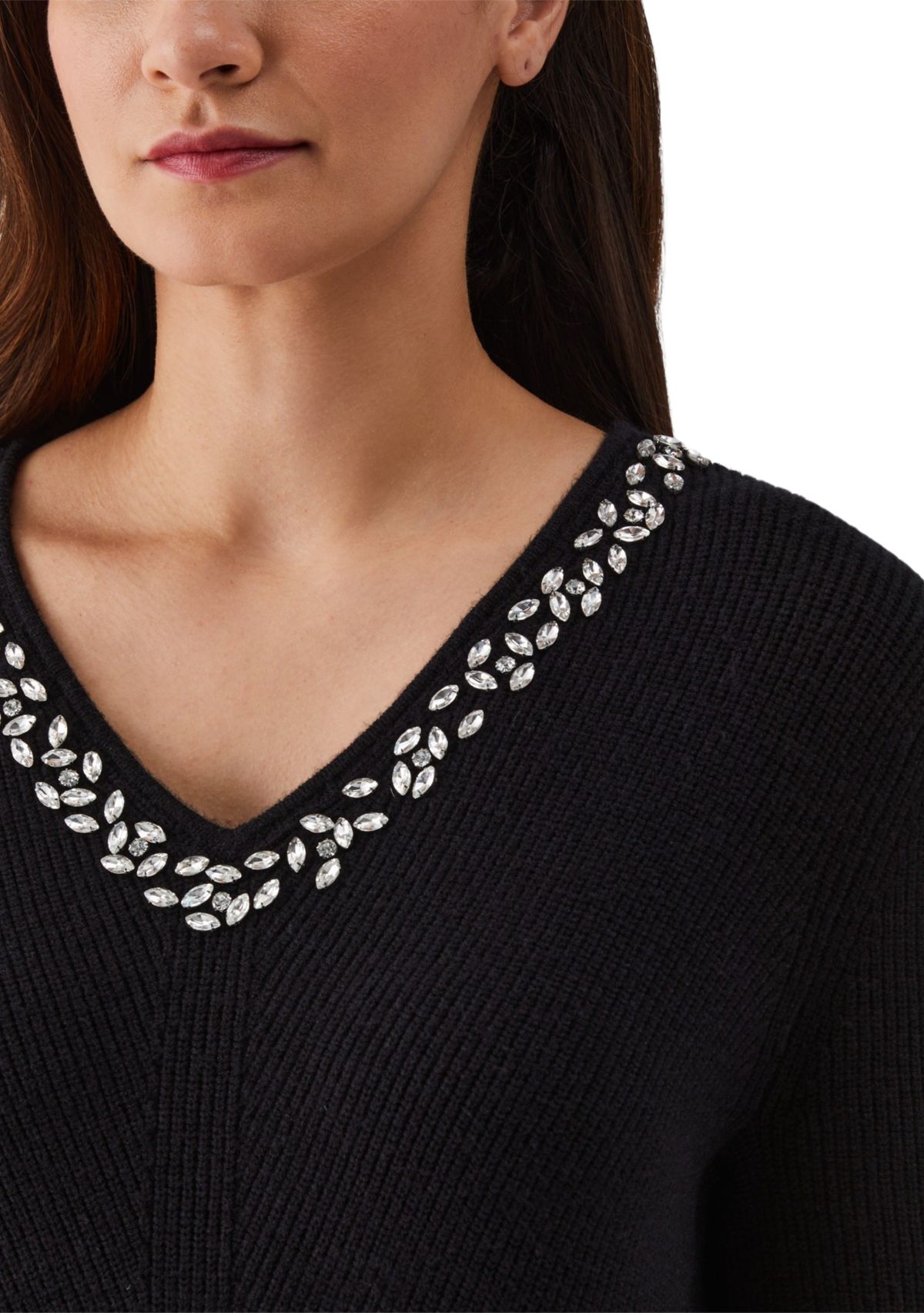 Embellished V-Neck Long Sleeve Sweater