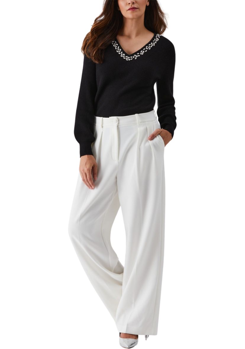 Embellished V-Neck Long Sleeve Sweater