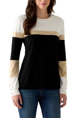 Rafaella Women's Color Block Button Sleeve Sweater, White, XL