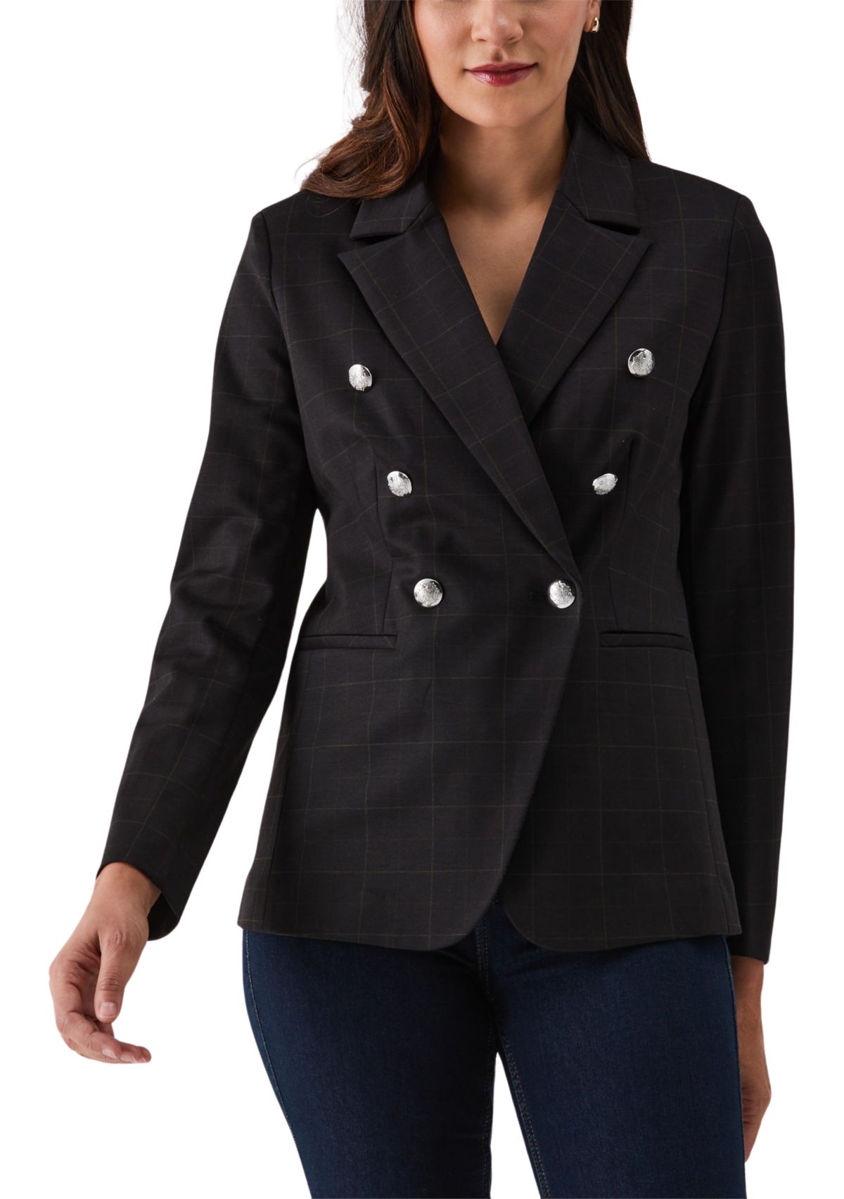 Double Breasted Windowpane Print Blazer