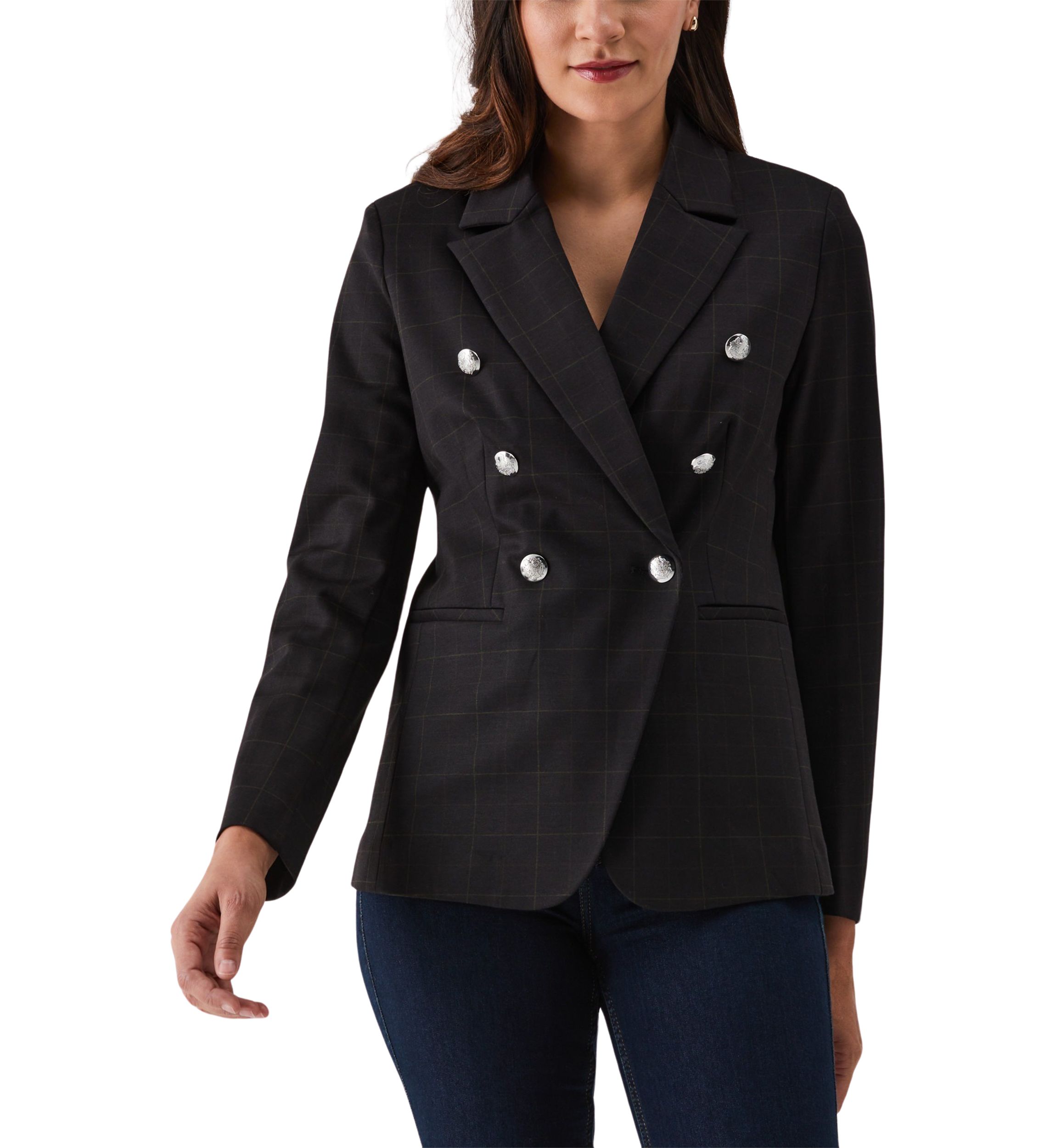 Double Breasted Windowpane Print Blazer