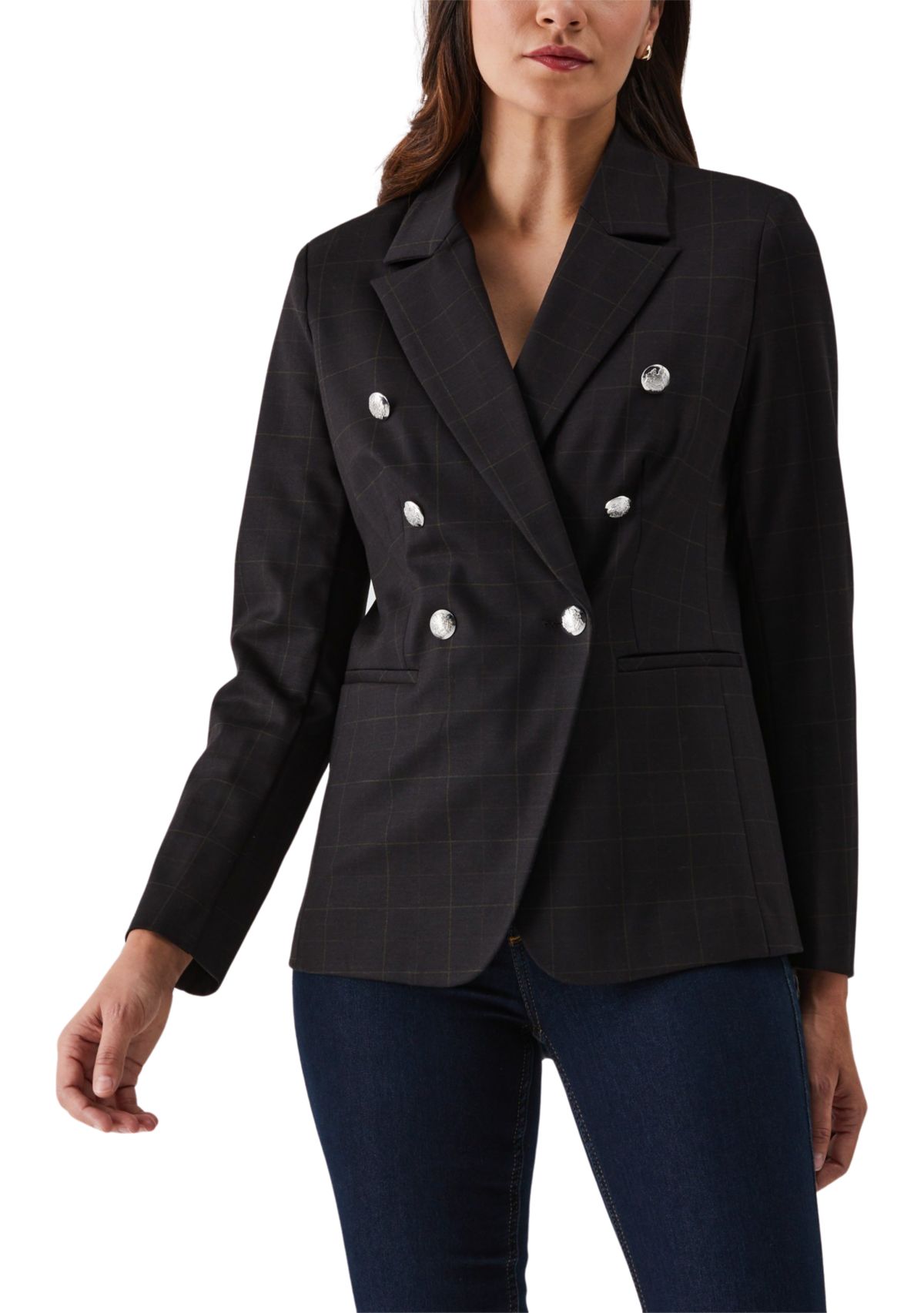 Double Breasted Windowpane Print Blazer