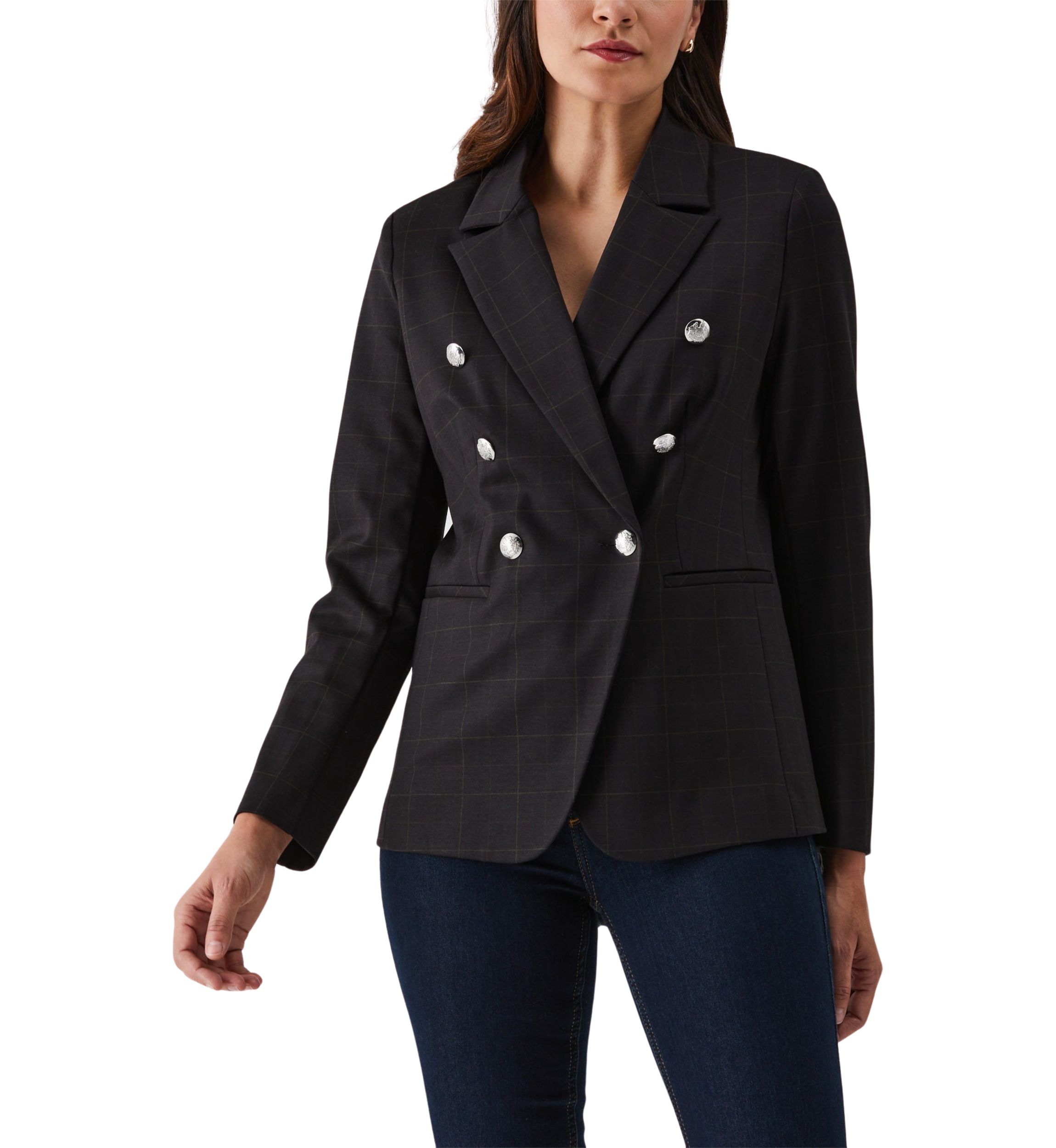 Double Breasted Windowpane Print Blazer