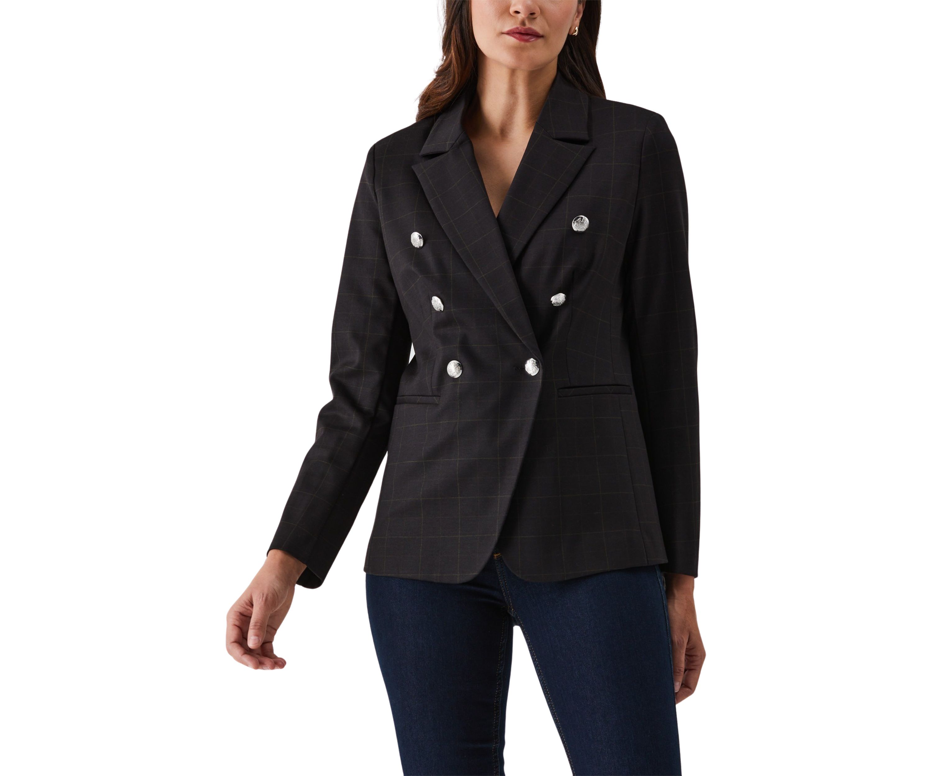 Double Breasted Windowpane Print Blazer