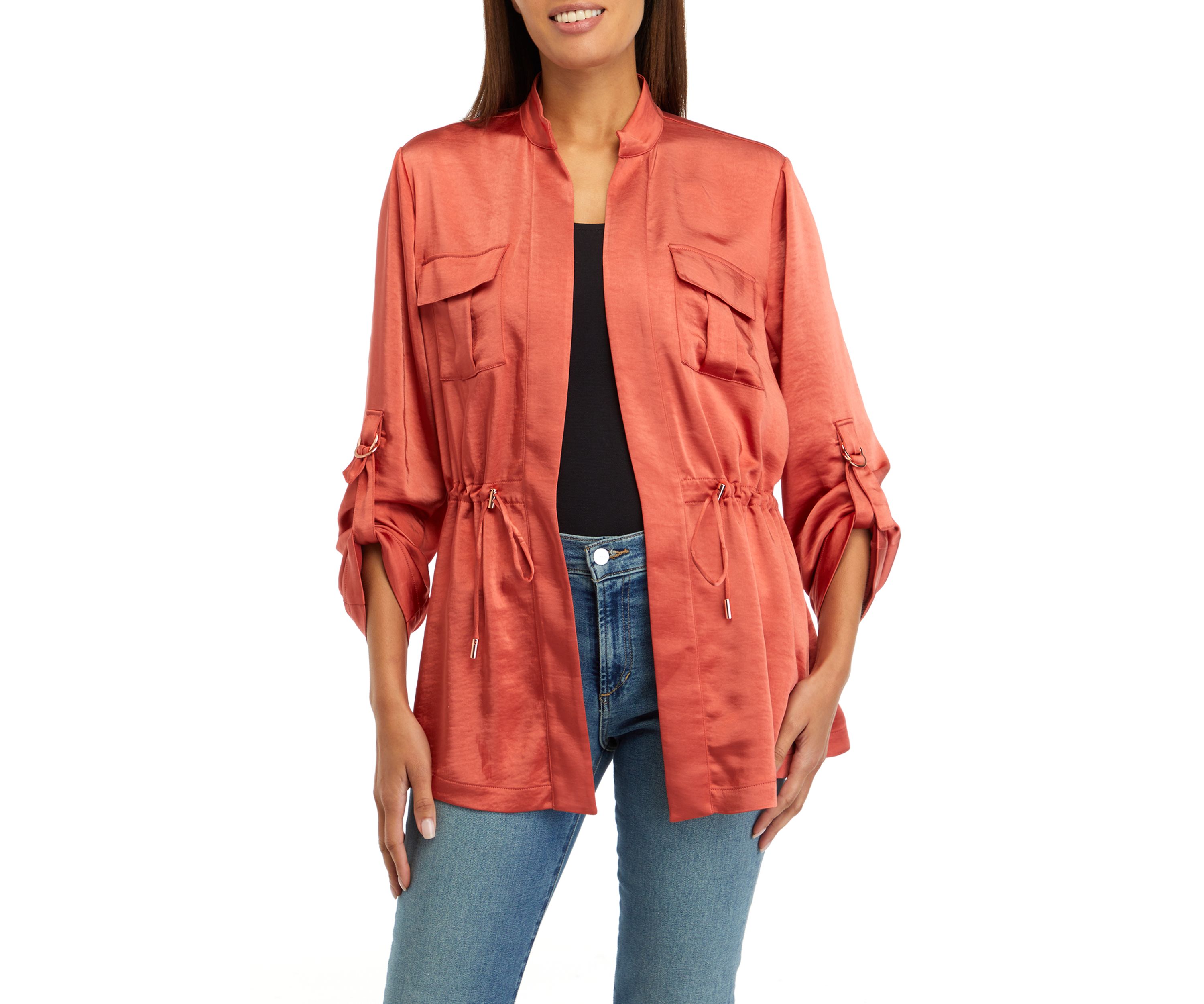 Womens Drawcord Waist Shine Roll Sleeve Jacket