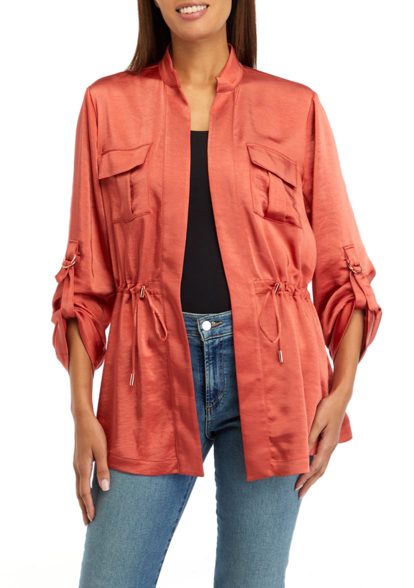 Womens Drawcord Waist Shine Roll Sleeve Jacket