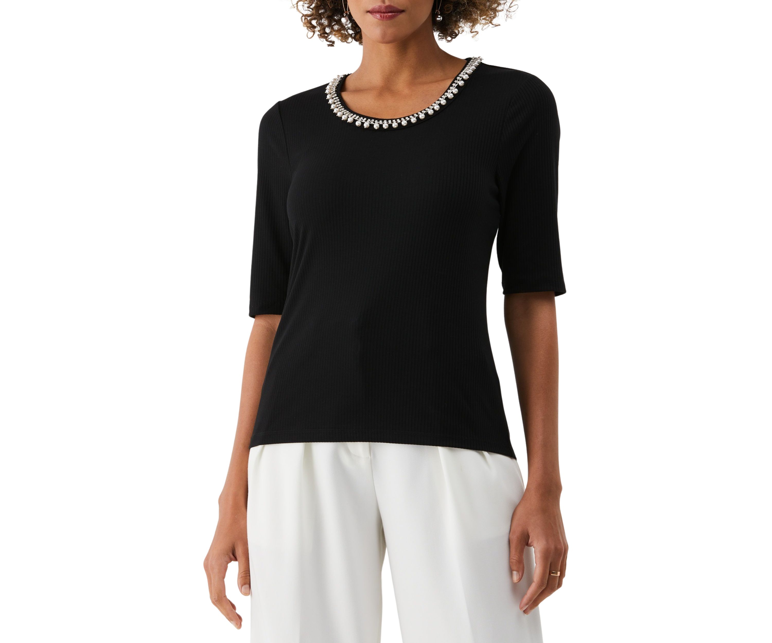 Womens Pearl Trim Rib Knit Short Sleeve Top