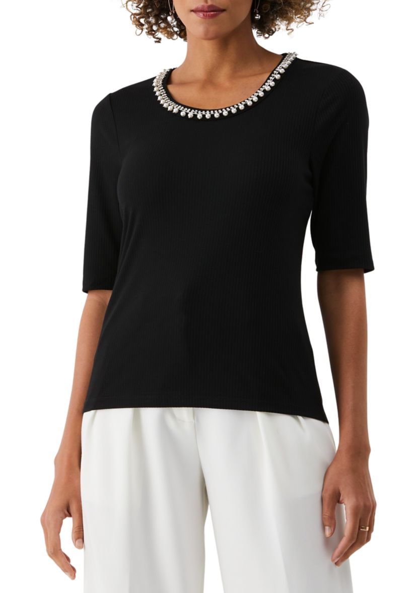 Womens Pearl Trim Rib Knit Short Sleeve Top