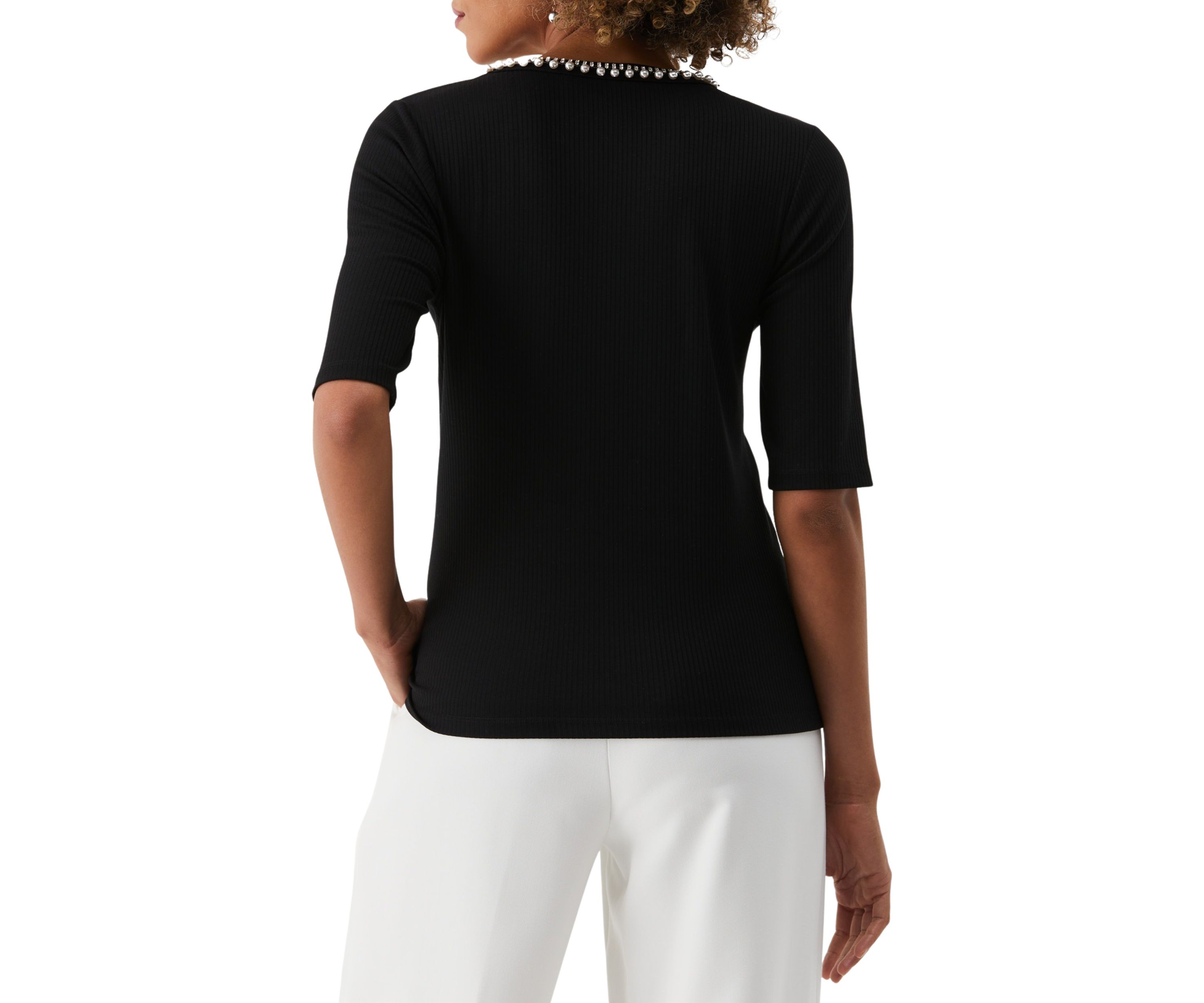 Womens Pearl Trim Rib Knit Short Sleeve Top