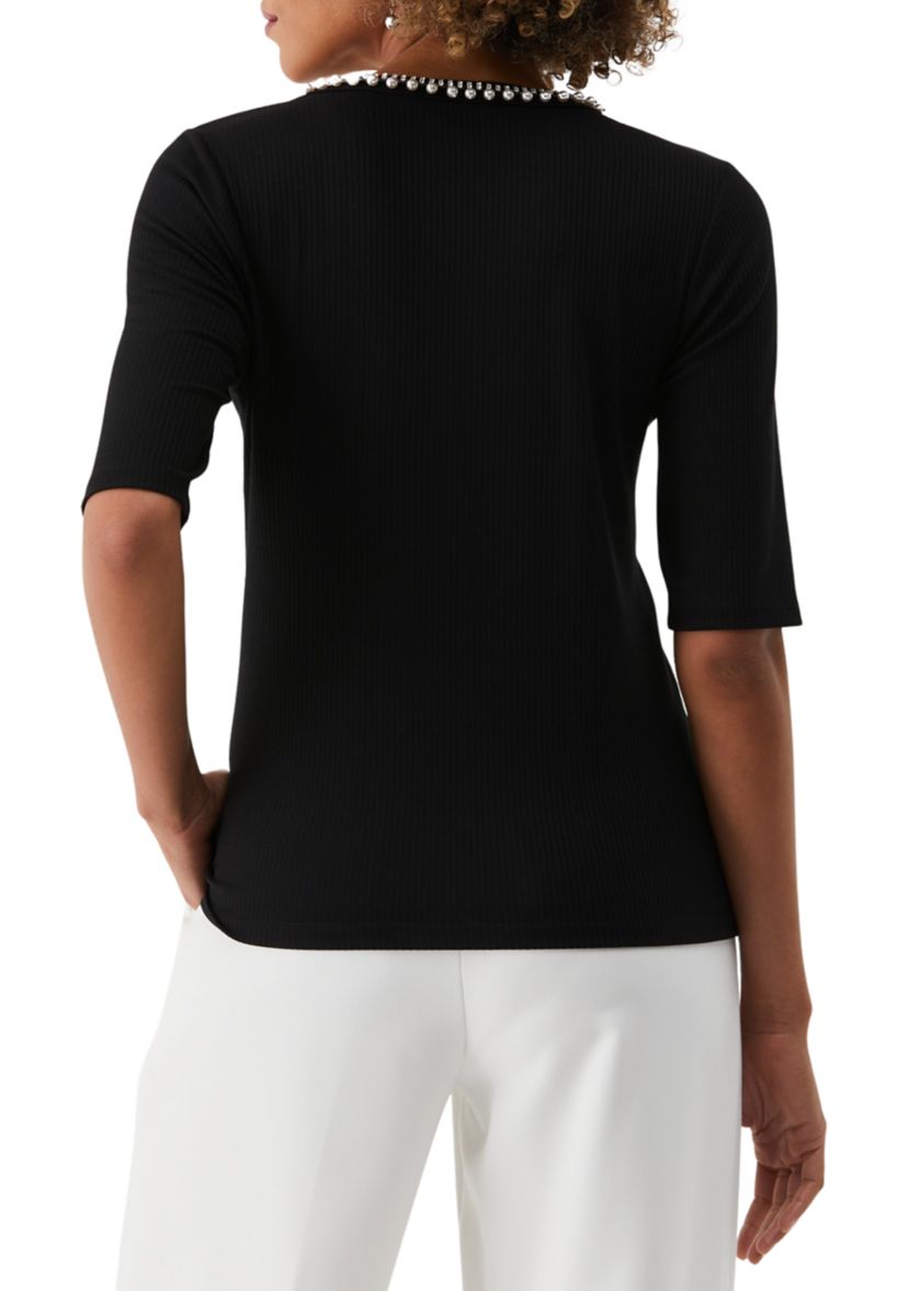 Womens Pearl Trim Rib Knit Short Sleeve Top