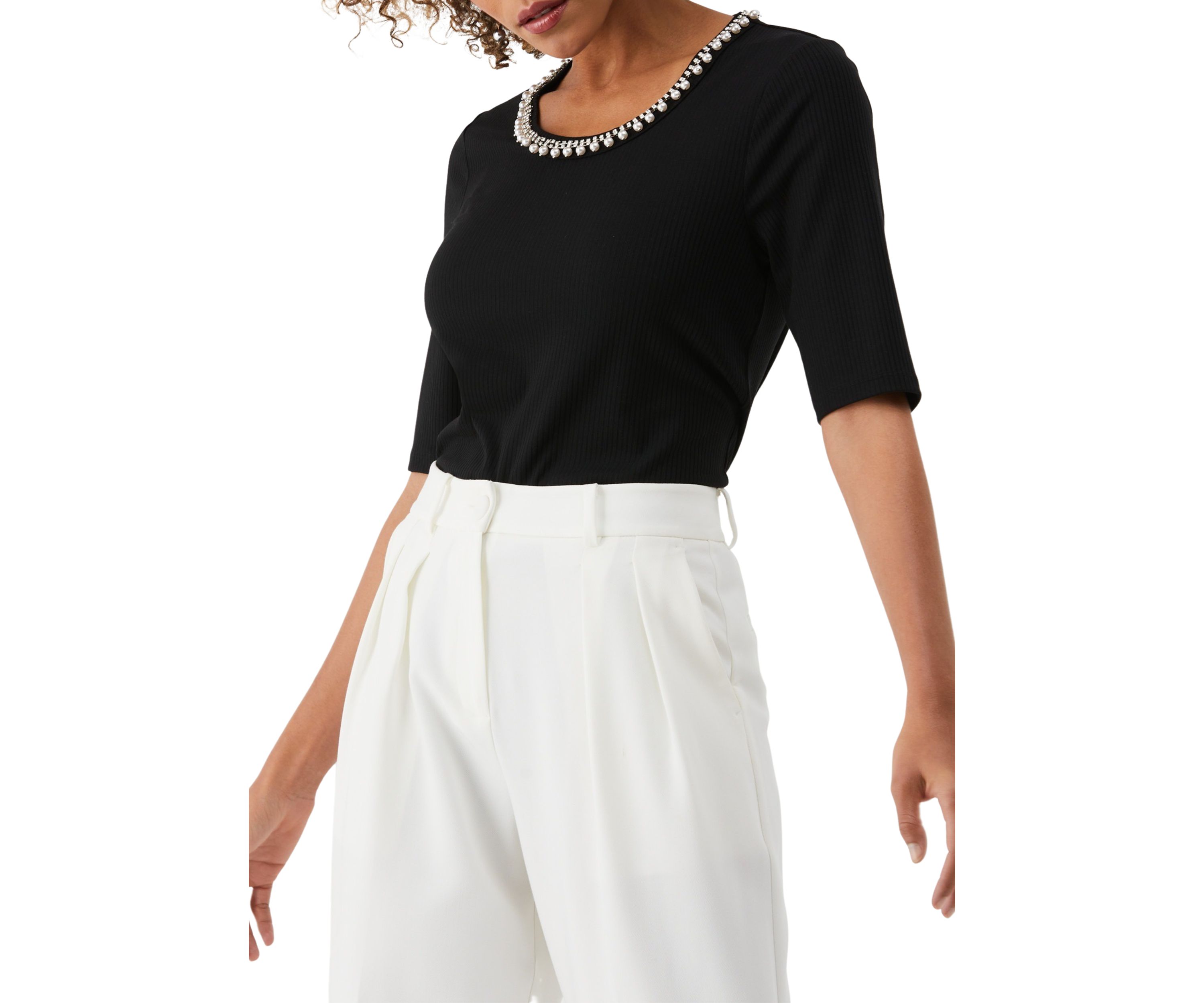Womens Pearl Trim Rib Knit Short Sleeve Top