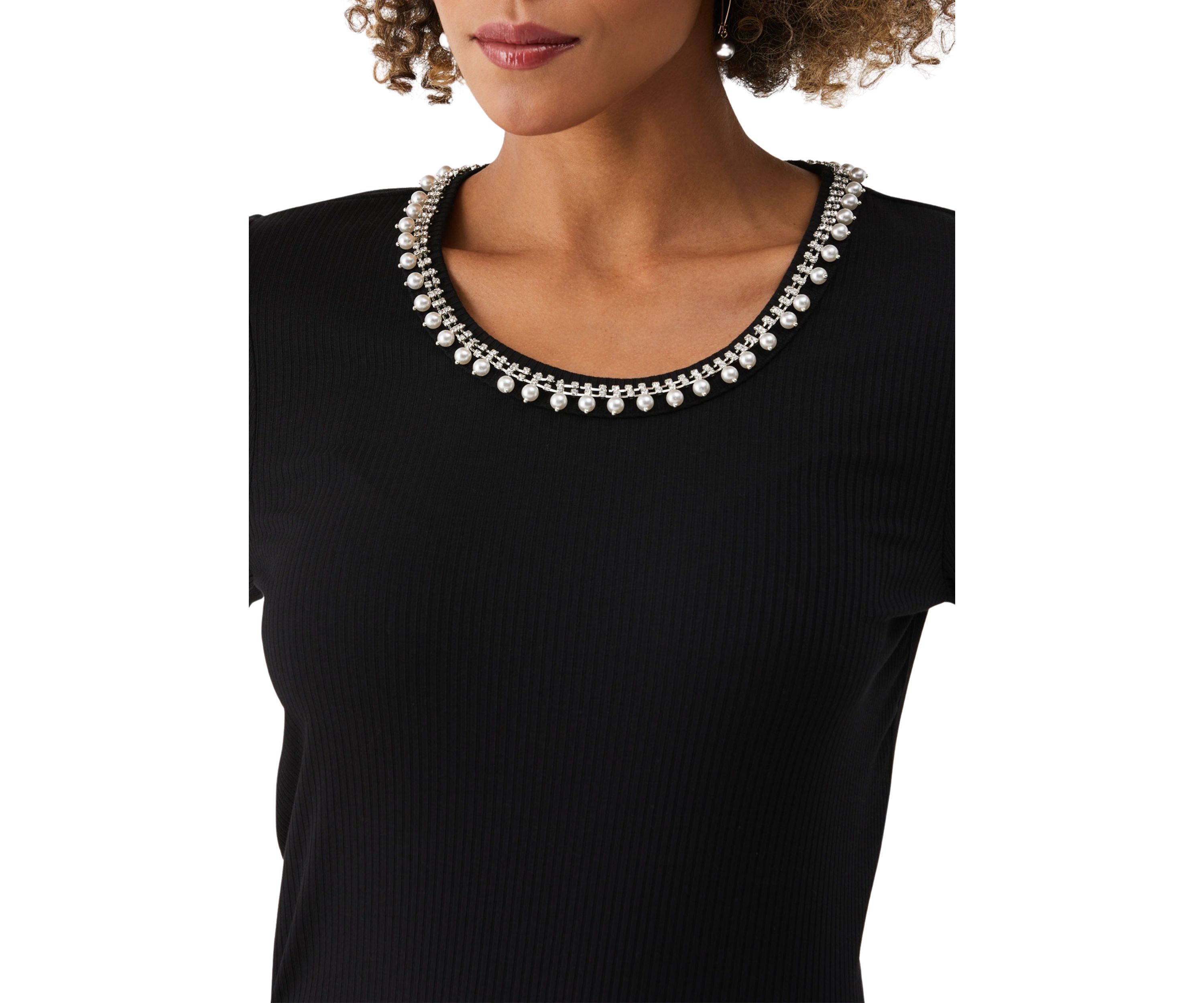 Womens Pearl Trim Rib Knit Short Sleeve Top