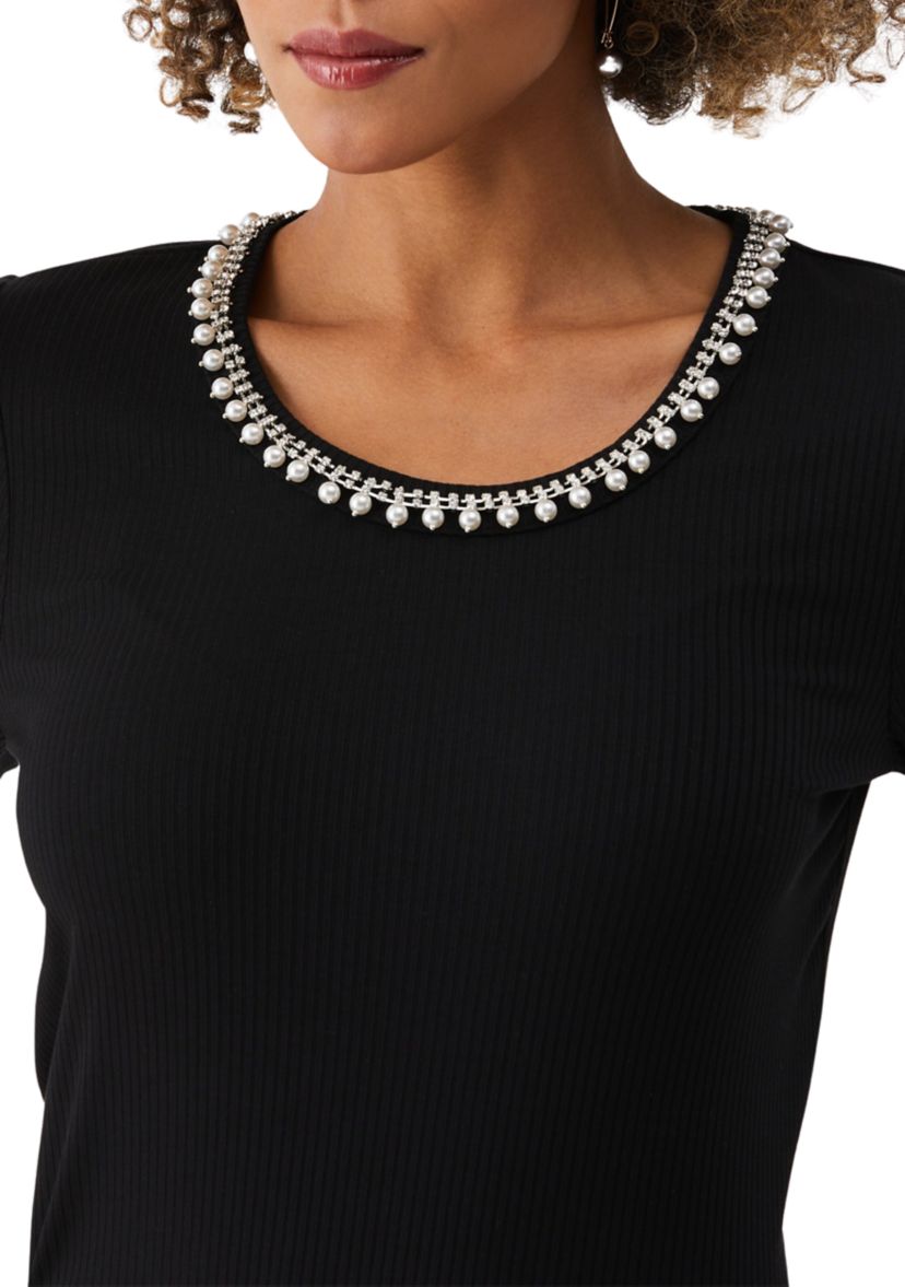 Womens Pearl Trim Rib Knit Short Sleeve Top