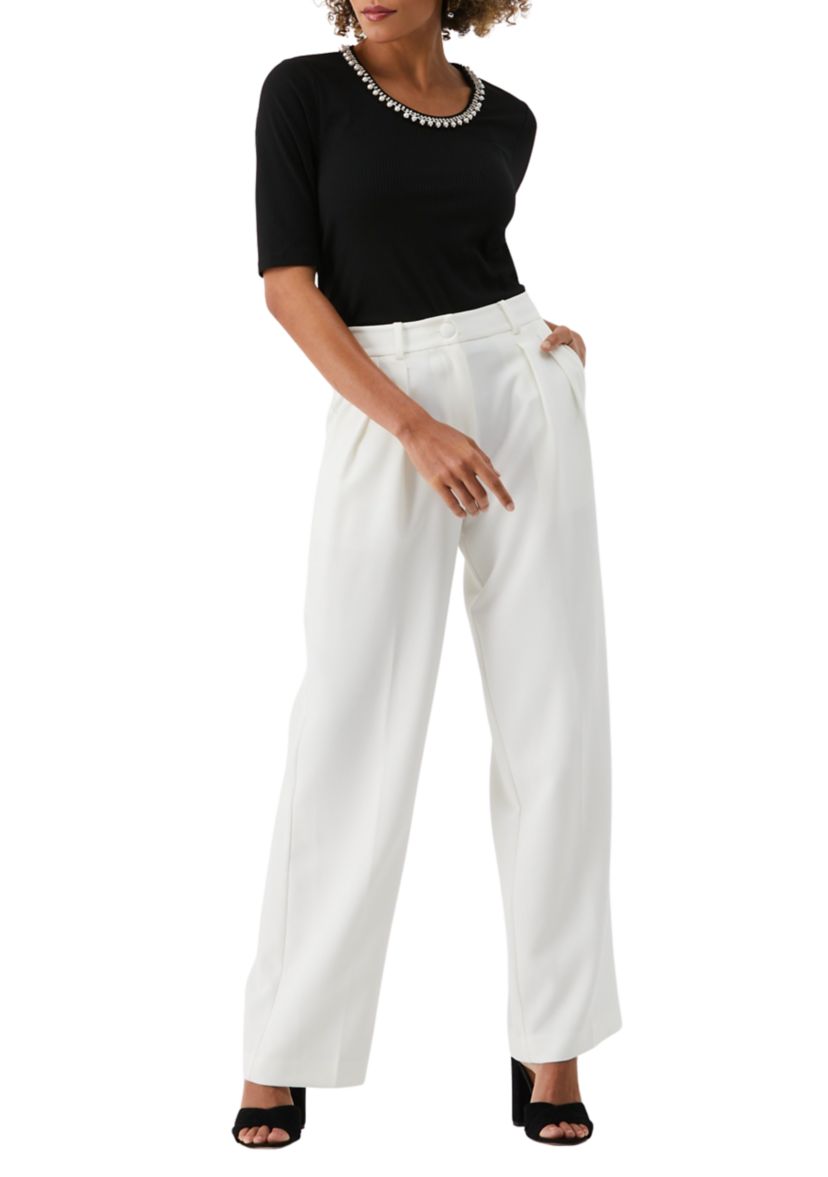 Womens Pearl Trim Rib Knit Short Sleeve Top