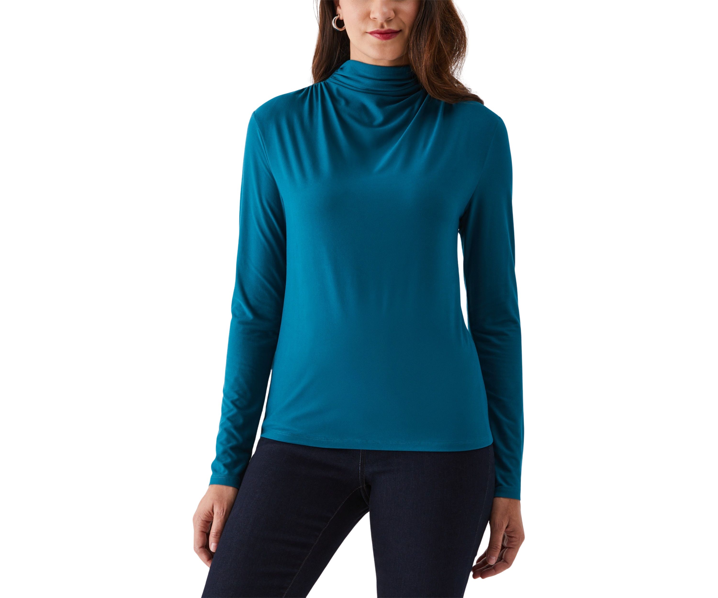 Solid Ruched Mock Neck Long Sleeve Top