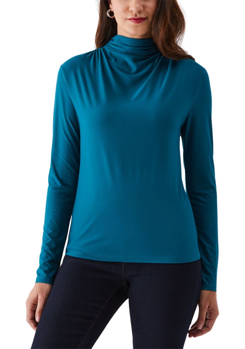 Solid Ruched Mock Neck Long Sleeve Top