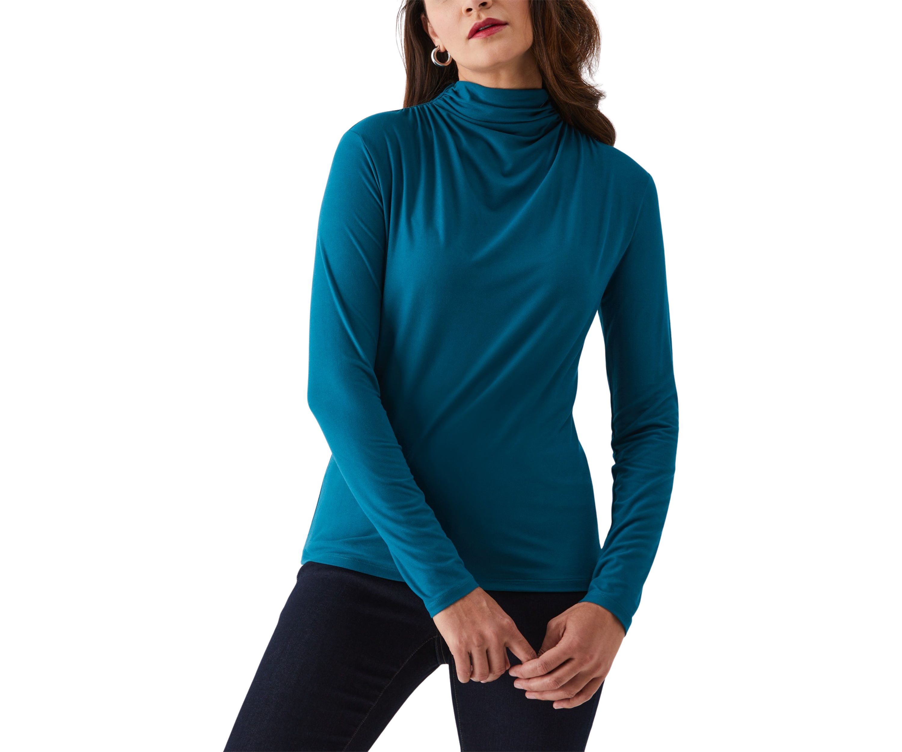Solid Ruched Mock Neck Long Sleeve Top