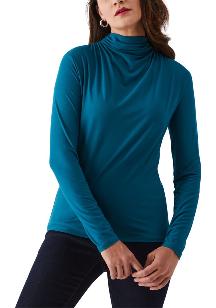 Solid Ruched Mock Neck Long Sleeve Top