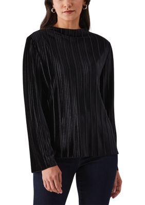 ELLA Rafaella Women's Pleated Velvet Long Sleeve Top, Black, XL