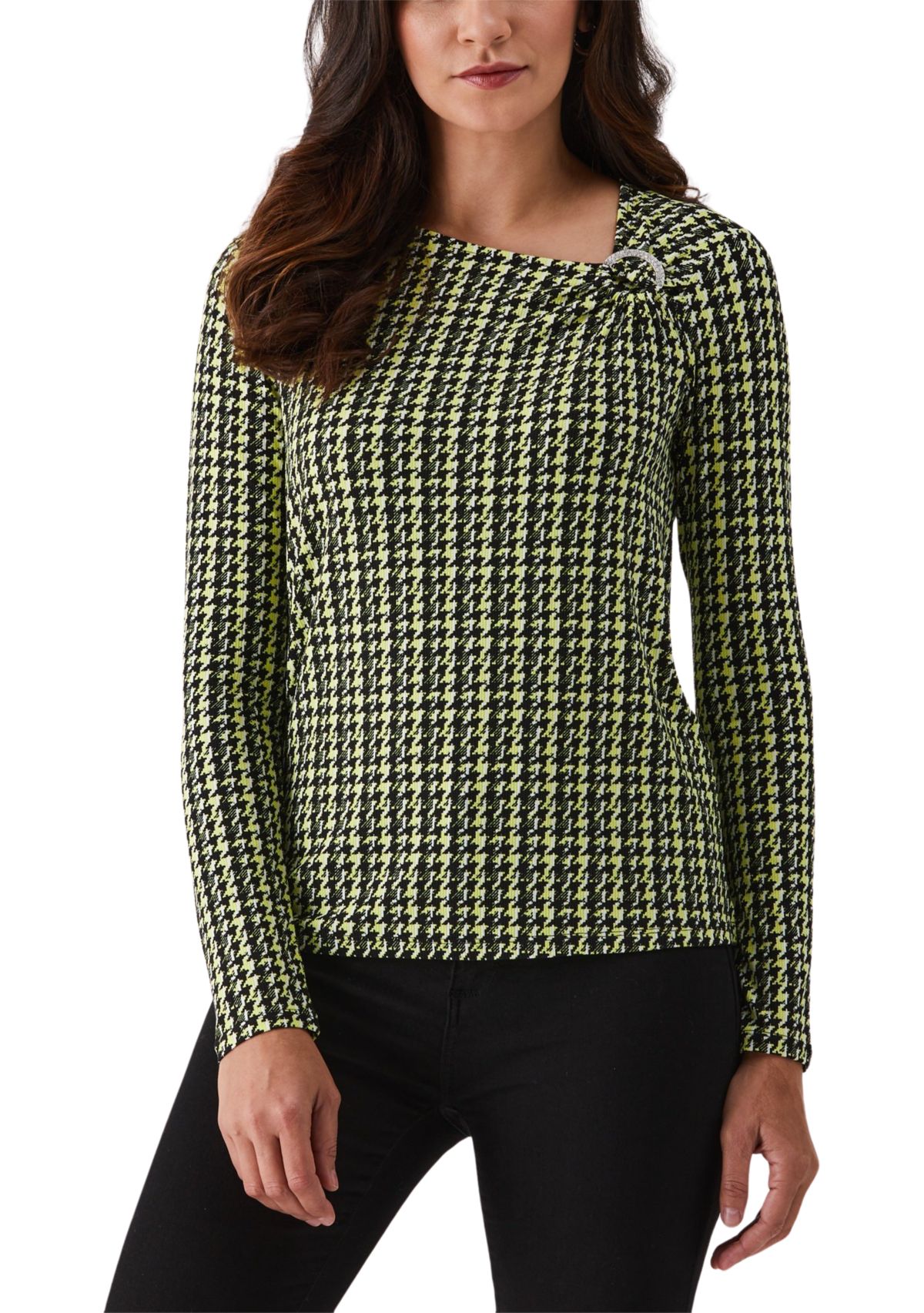 Womens Houndstooth Print Asymmetric Neck Long Sleeve Top