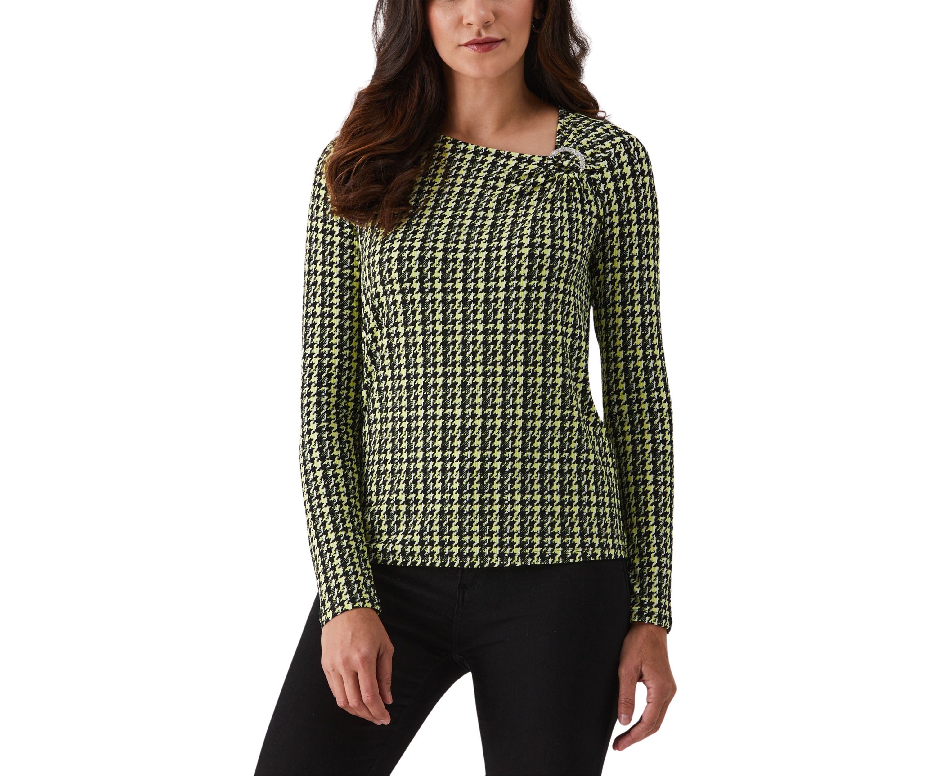 Womens Houndstooth Print Asymmetric Neck Long Sleeve Top
