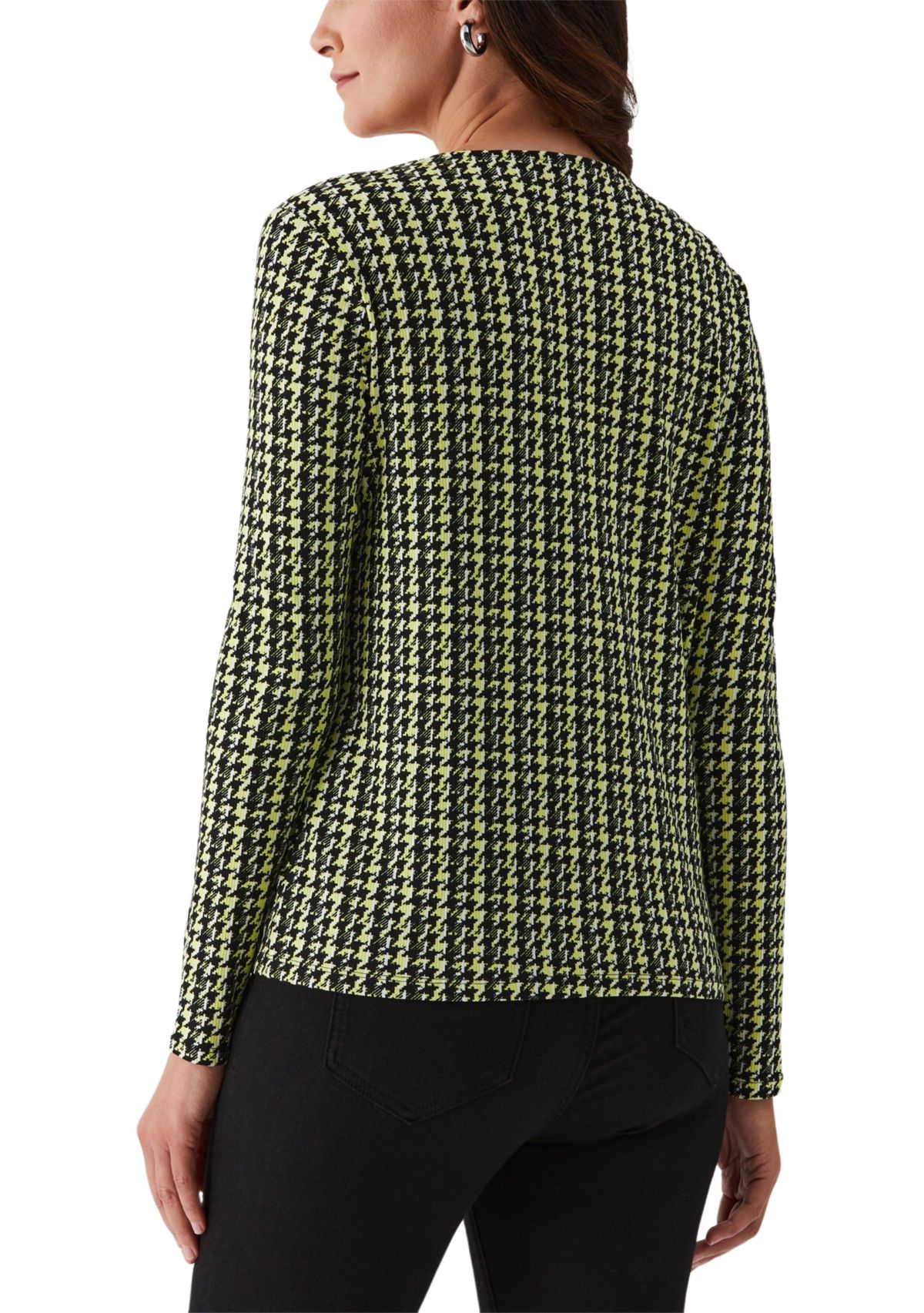 Womens Houndstooth Print Asymmetric Neck Long Sleeve Top