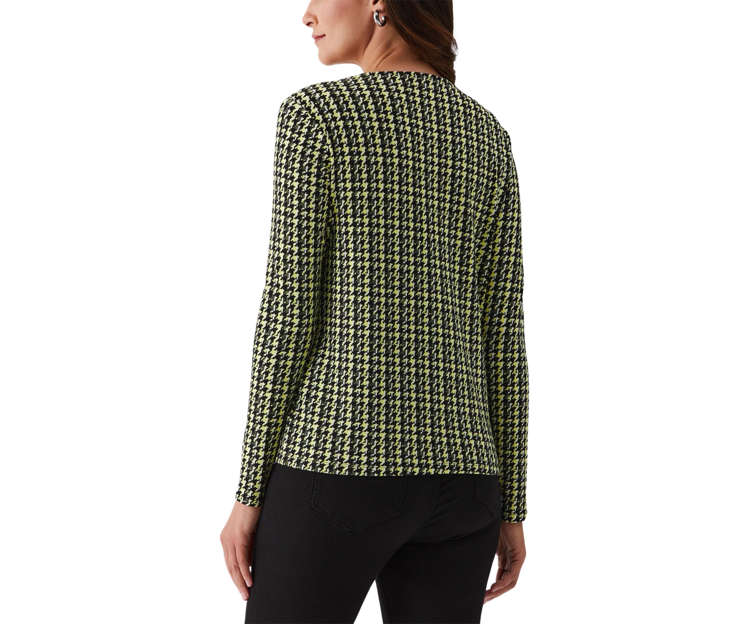 Womens Houndstooth Print Asymmetric Neck Long Sleeve Top