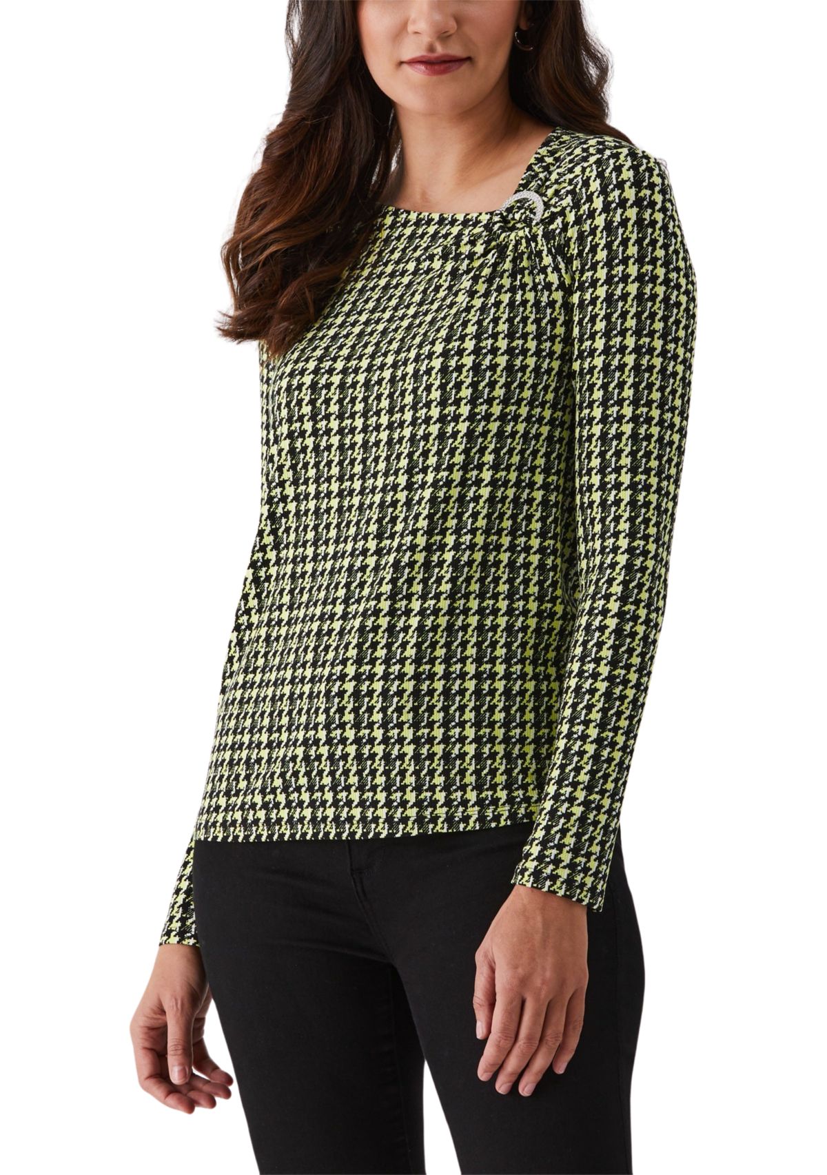 Womens Houndstooth Print Asymmetric Neck Long Sleeve Top