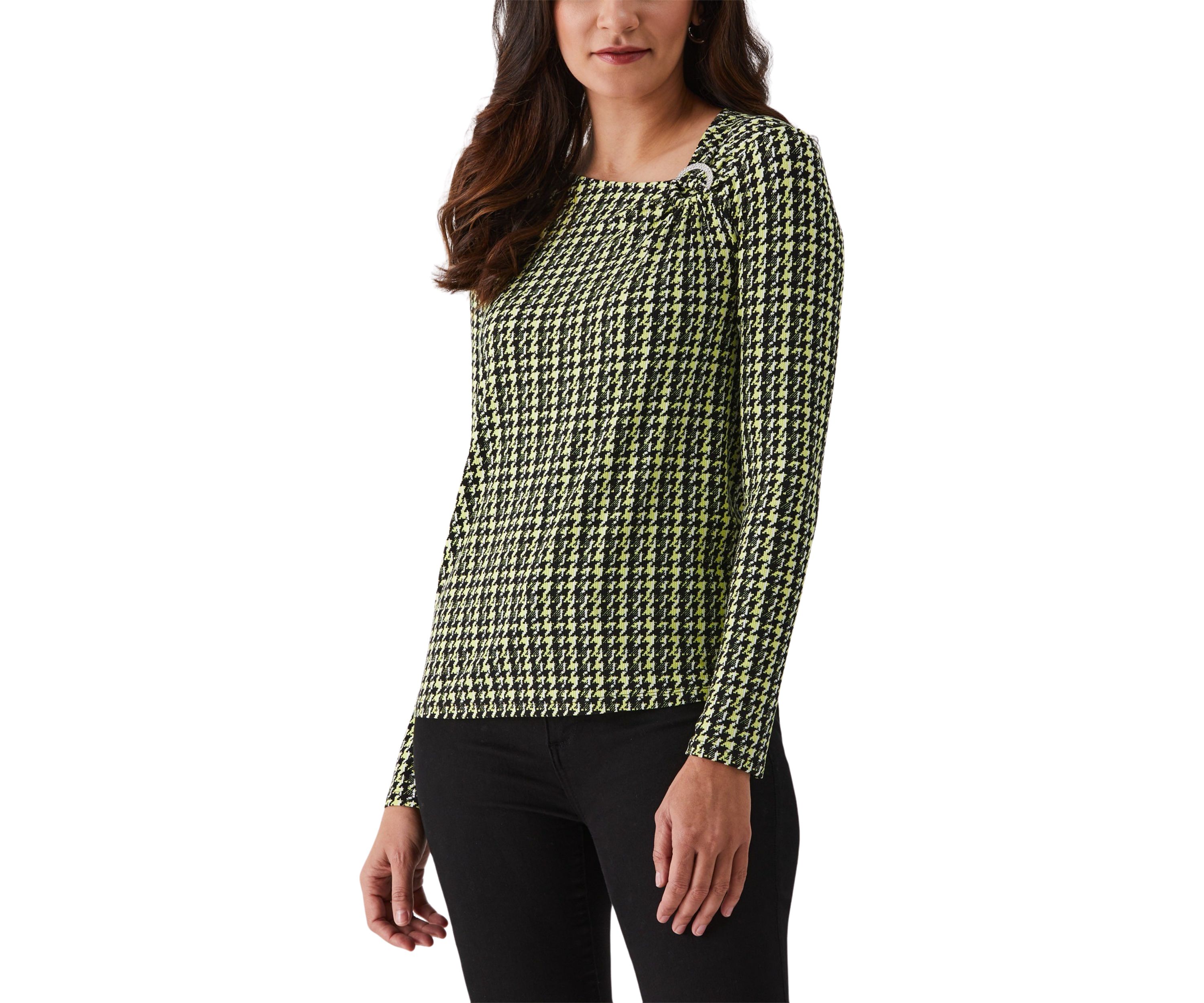 Womens Houndstooth Print Asymmetric Neck Long Sleeve Top