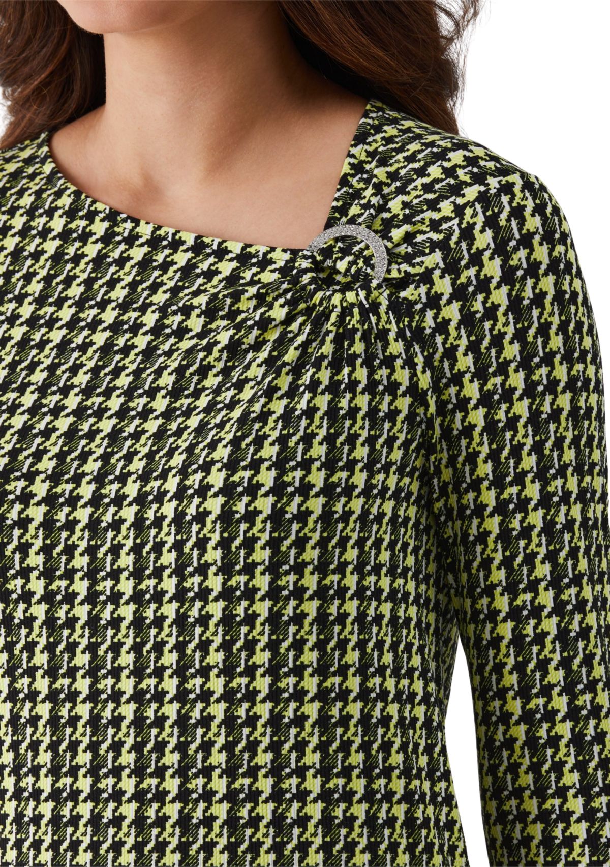 Womens Houndstooth Print Asymmetric Neck Long Sleeve Top