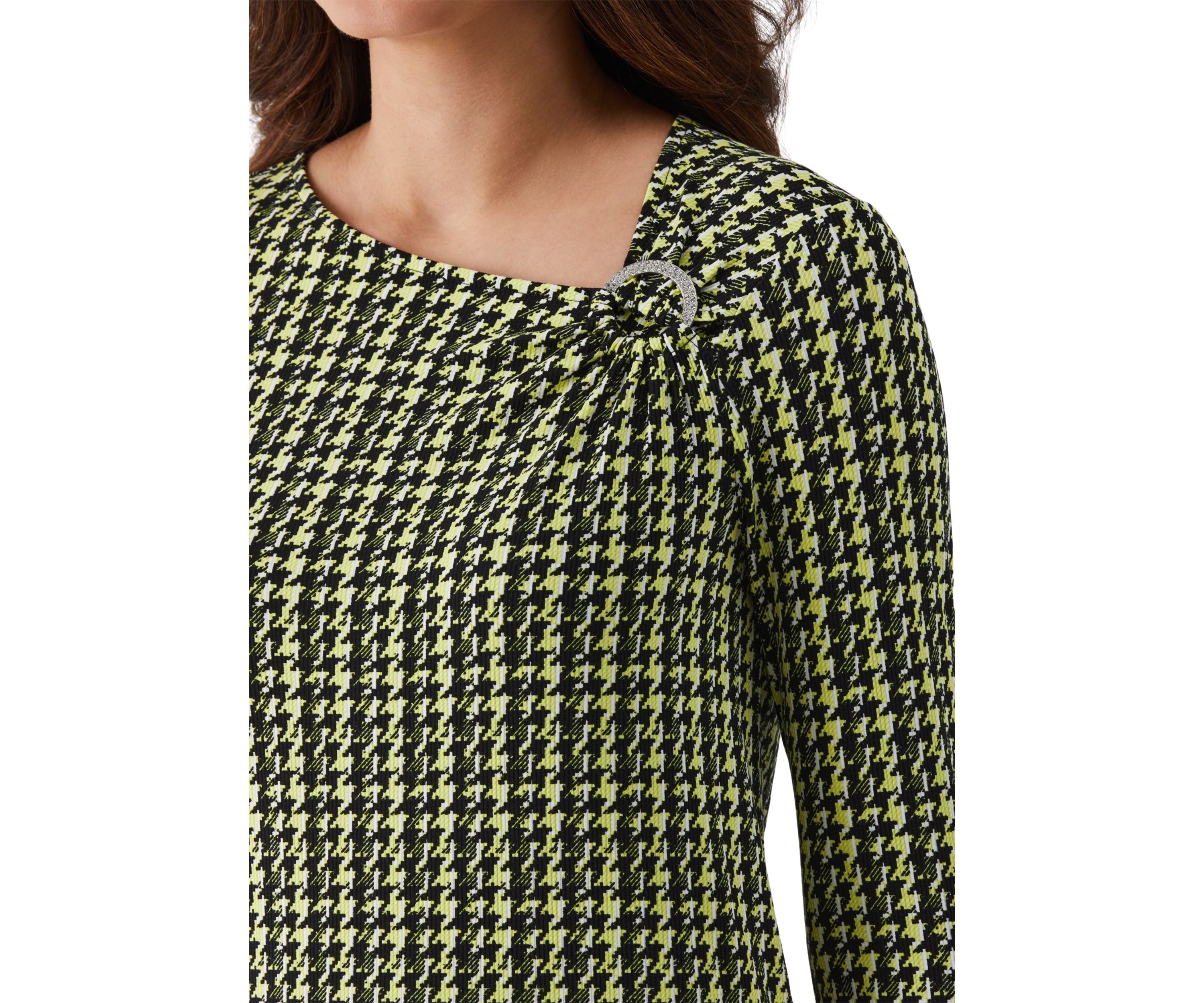 Womens Houndstooth Print Asymmetric Neck Long Sleeve Top