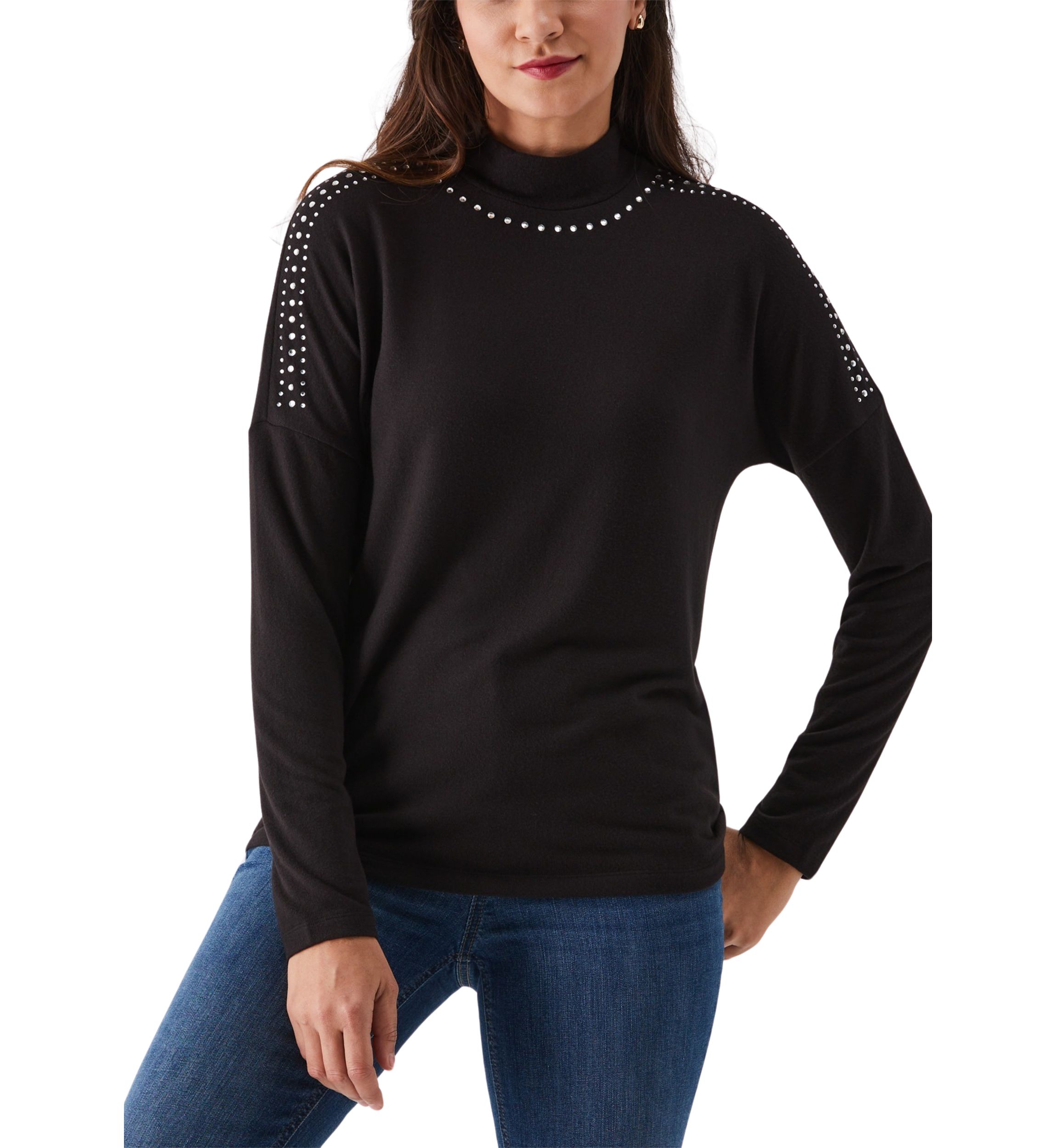 Womens Embellished Mock Neck Long Sleeve Top