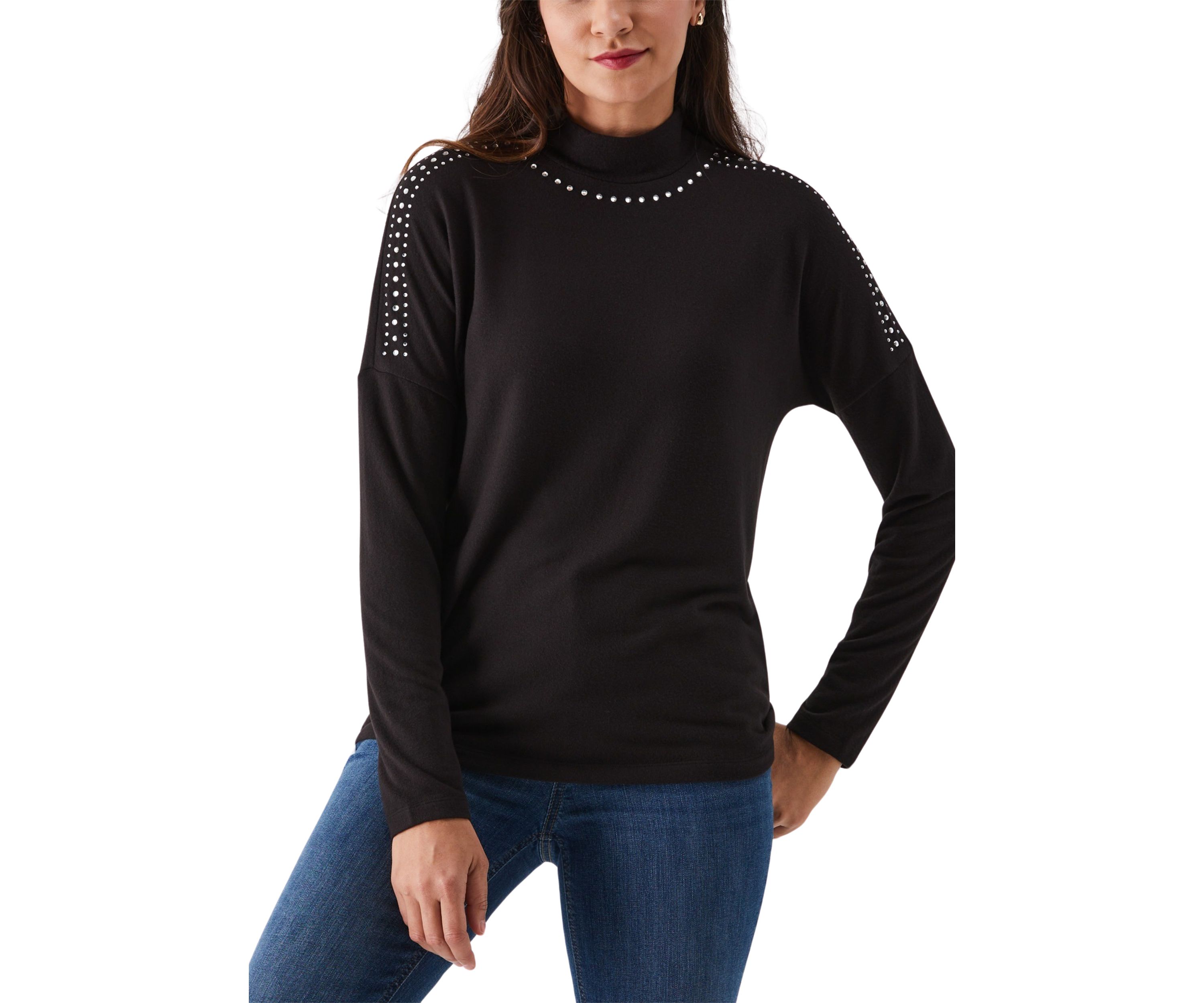 Womens Embellished Mock Neck Long Sleeve Top