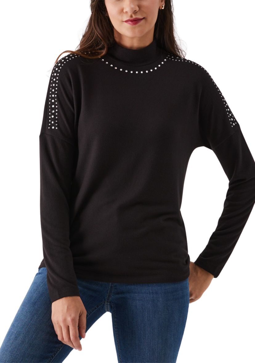 Womens Embellished Mock Neck Long Sleeve Top